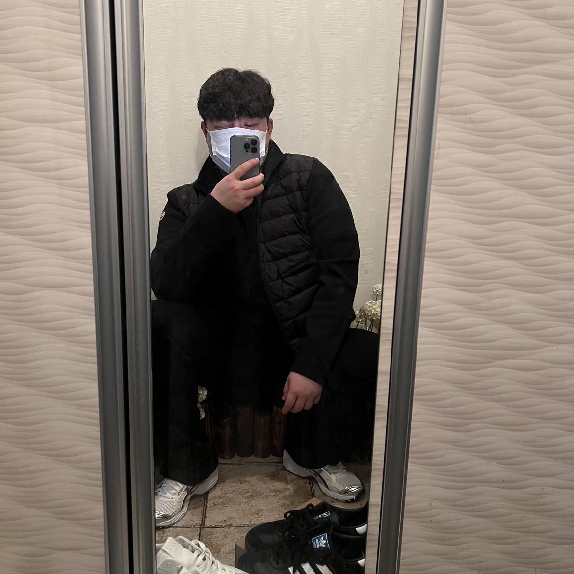 (W) Asics Gel-Kayano 14 White Midnight, Moncler Padded Wool Cardigan Black - 23FW 착용 스타일