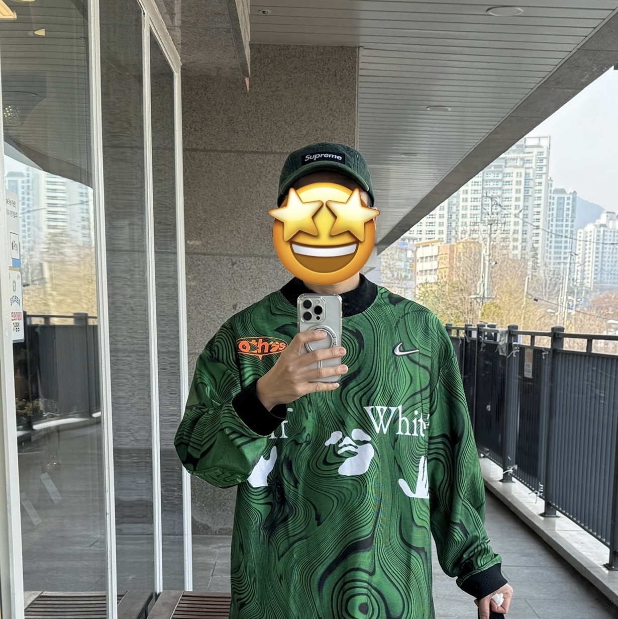 Supreme Denim Camp Cap Overdyed Green - 23SS, Nike x Off-White Allover Print Jersey Kelly Green - Asia 착용 스타일