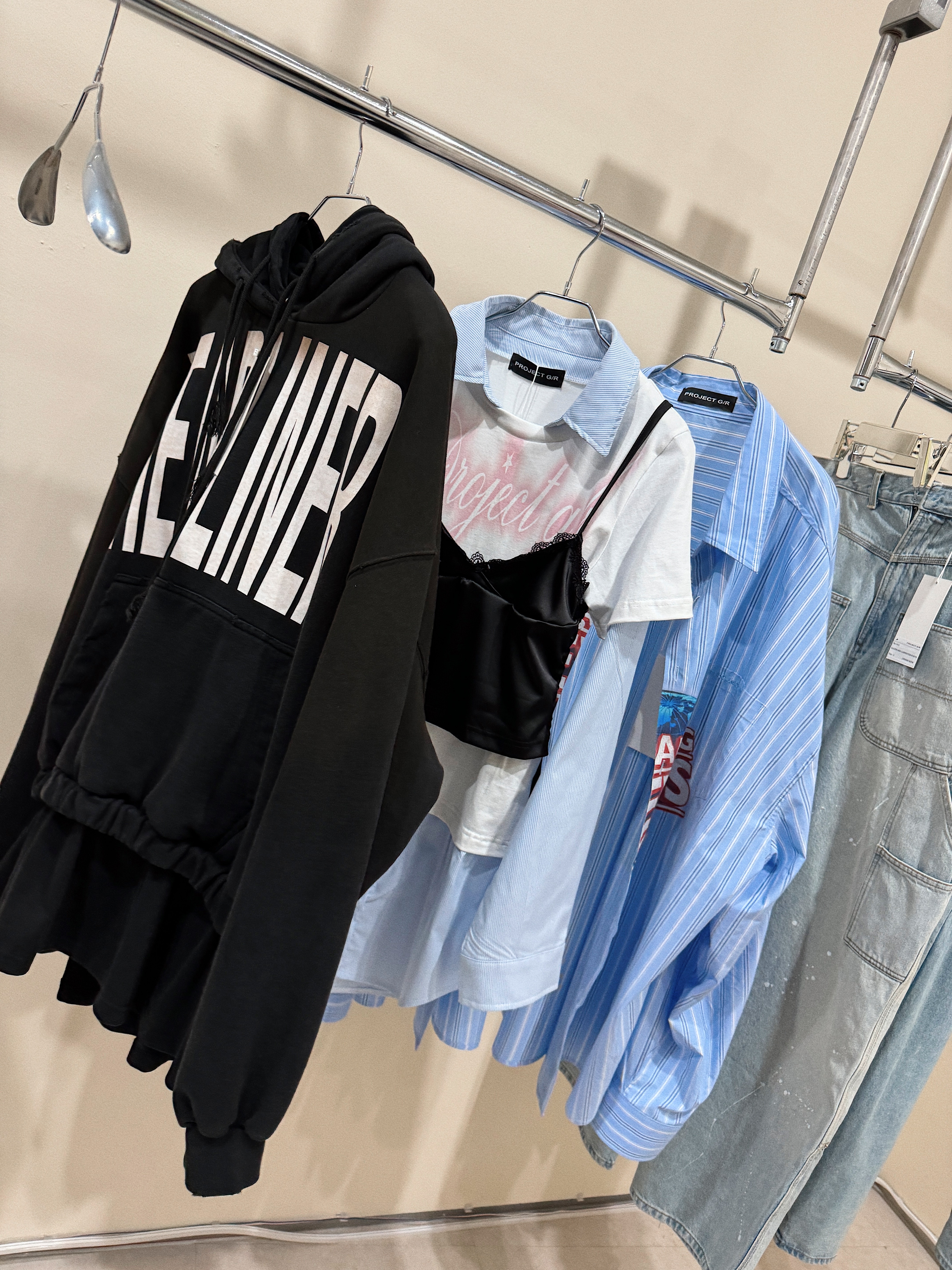 Project G/R Unbalanced Reworked Bomber Jacket Khaki, Project G/R Layered Cargo Denim Pants Blue Camo 착용 스타일 - 9