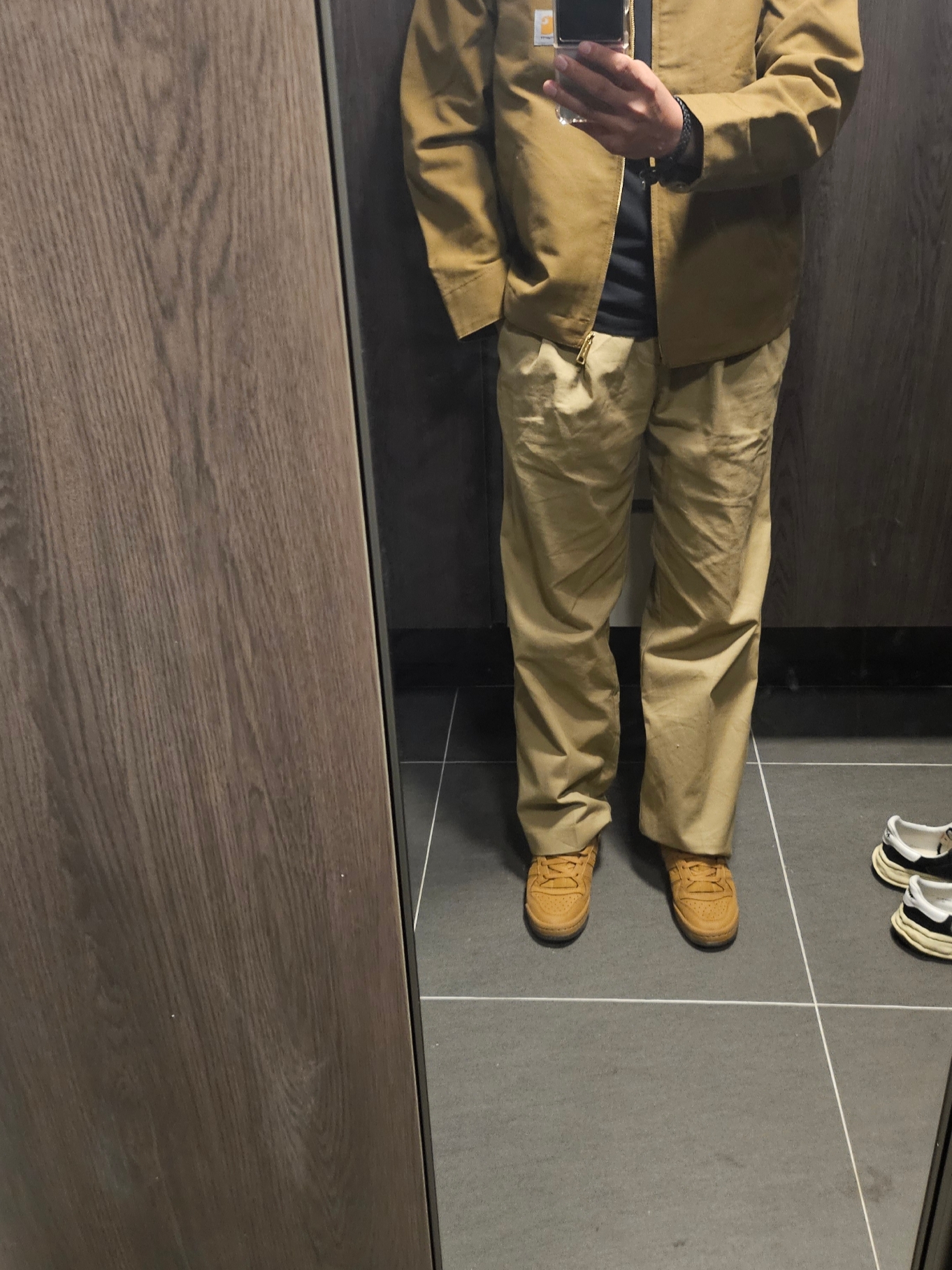 Carhartt WIP Unlined Dearborn Canvas Detroit Jacket Hamilton Brown Rigid - Spring, Bottega Veneta Nappa Bracelet Black 착용 스타일 - 3