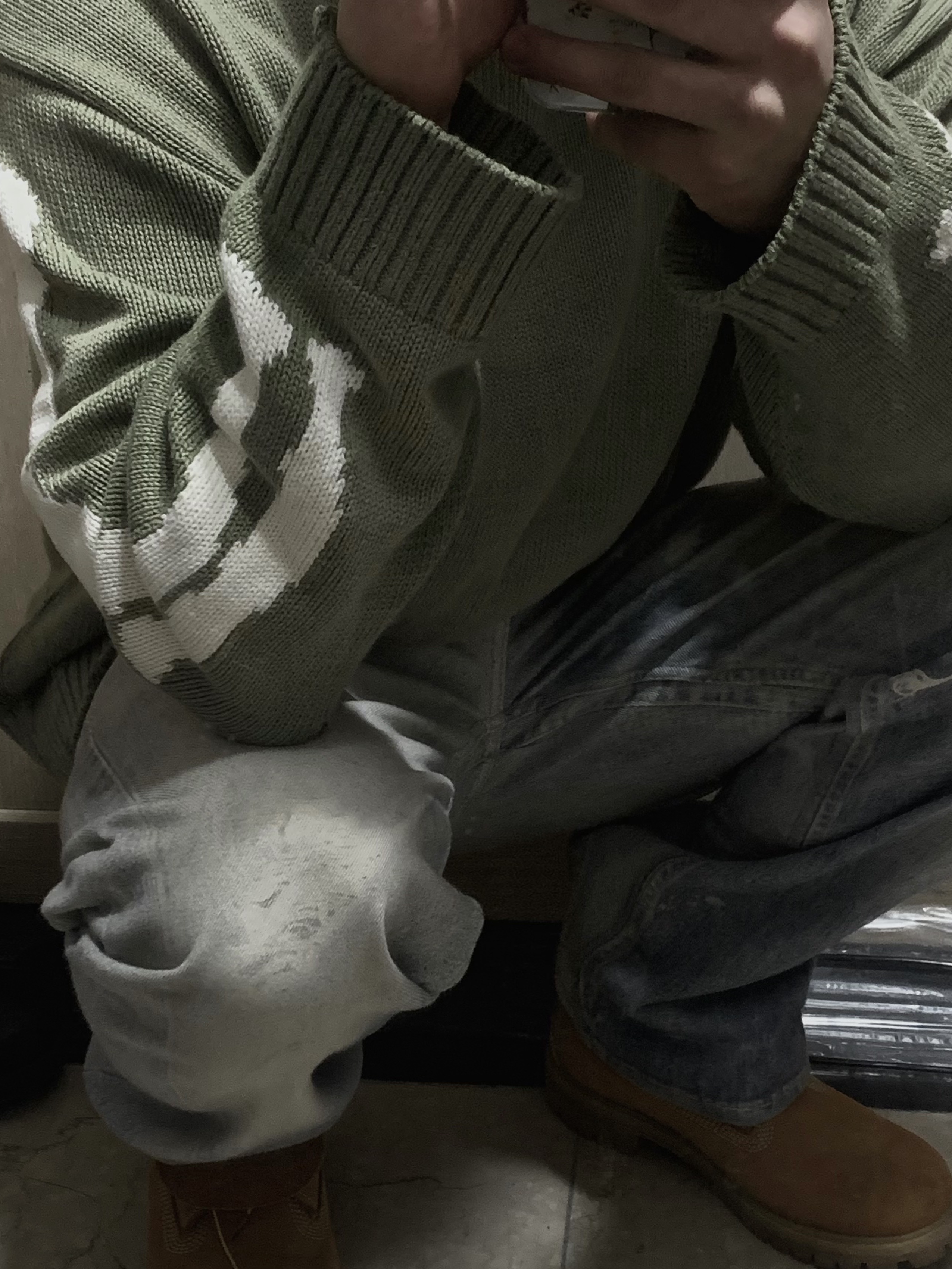 Kapital 5G Cotton Knit Bone Crewneck Sweater Khaki, Our Legacy Third Cut Digital Denim Print 착용 스타일 - 1