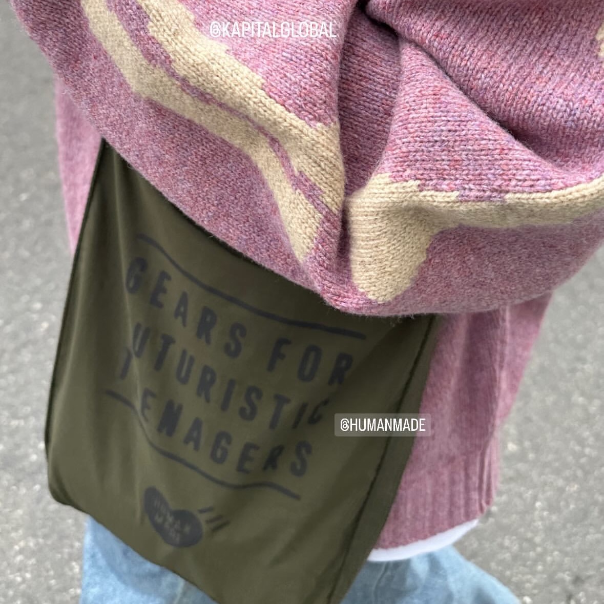Kapital 5G Wool Bone Crewneck Sweater Light Purple, Human Made Military Shoulder Bag Olive Drab 착용 스타일