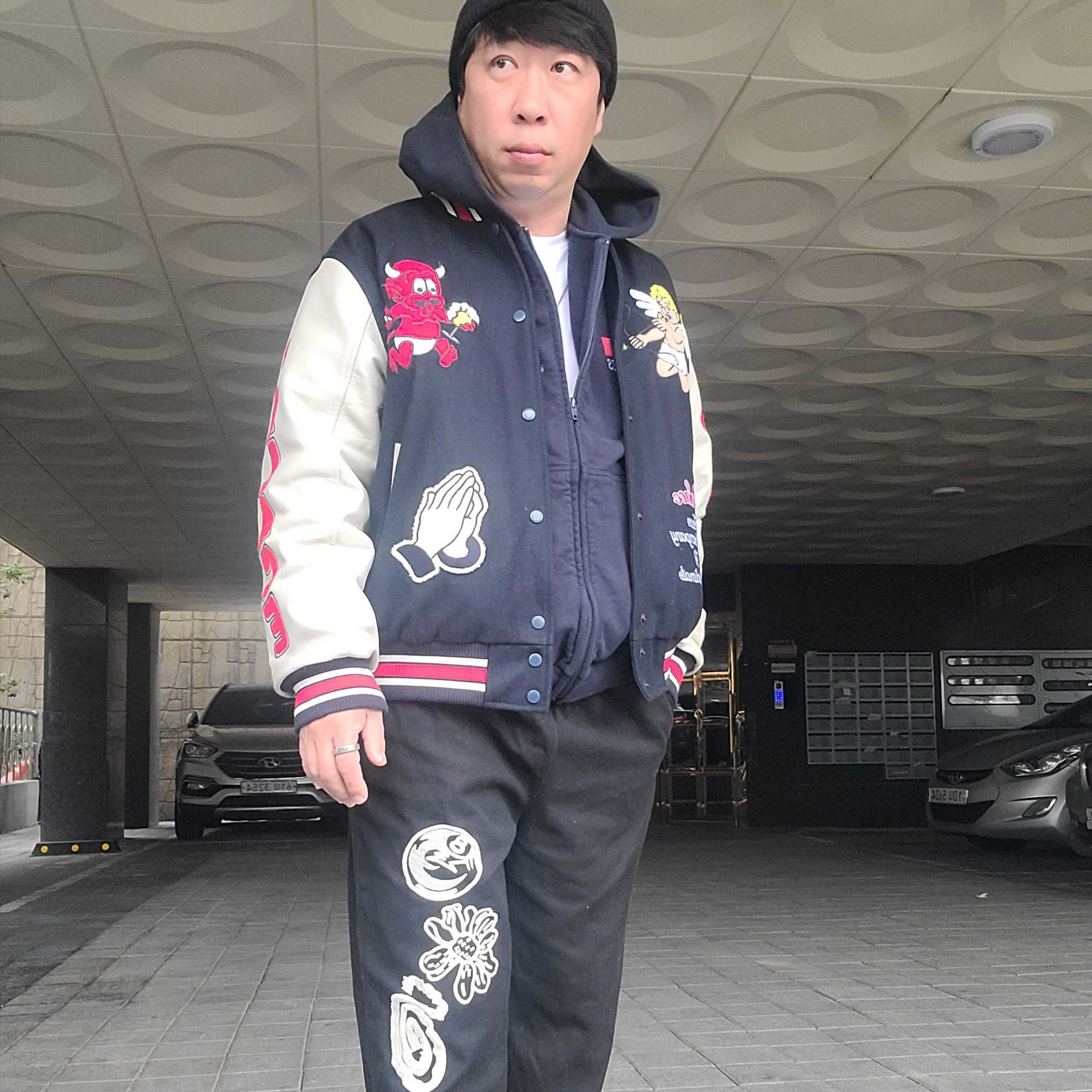 Palace Fallen Angels Varsity Jacket Navy - 23SS, Balenciaga Paris Logo 22 Zip-Up Hoodie Dark Navy 착용 스타일 - 2