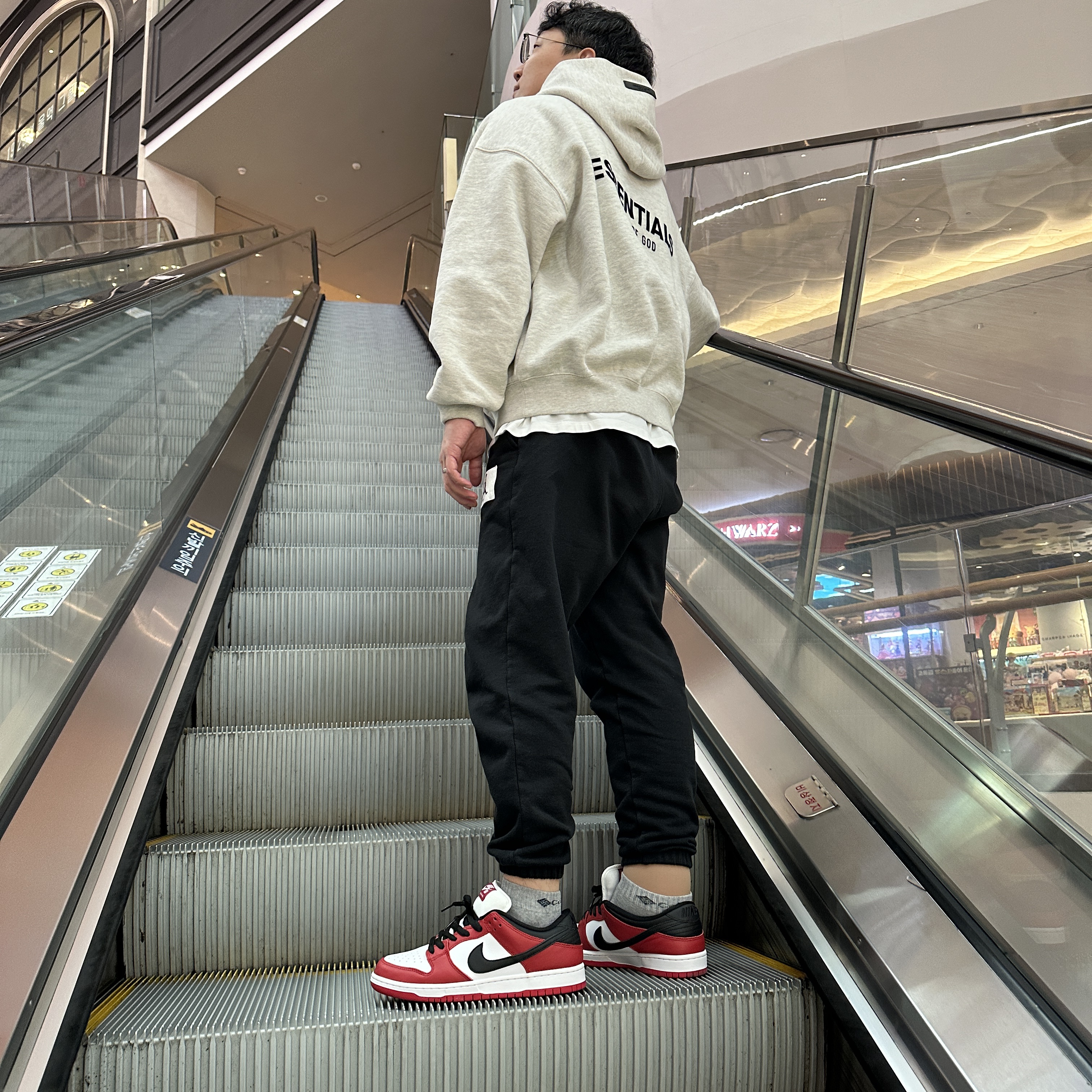 Nike SB Dunk Low Pro Chicago, Essentials The Core Collection Hoodie Light Oatmeal 착용 스타일 - 1