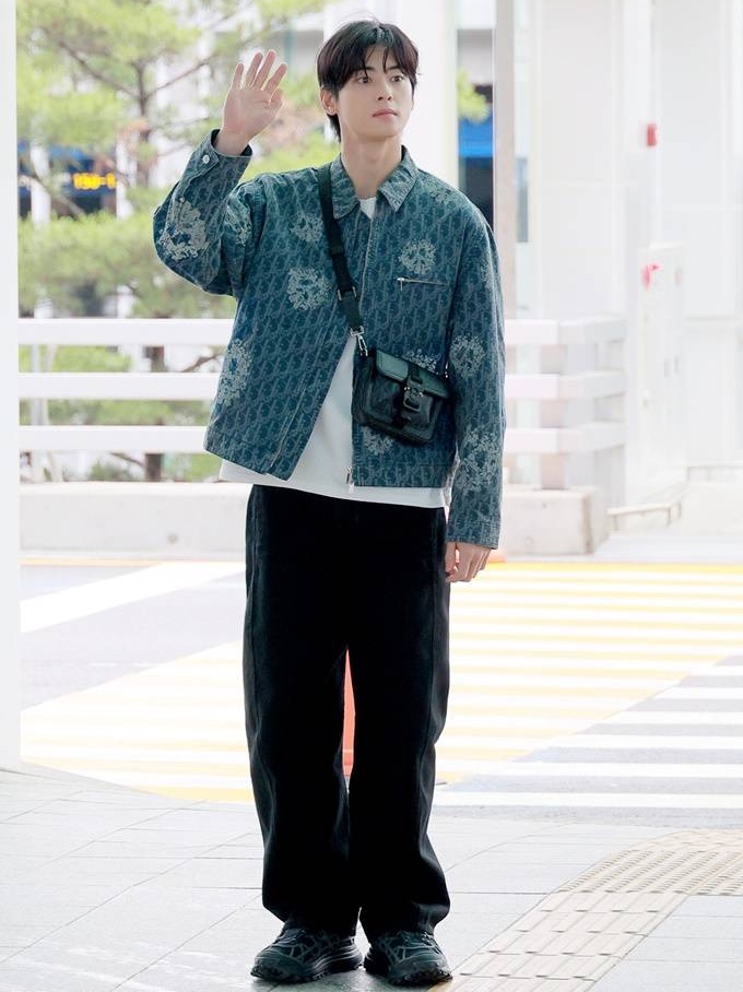 Dior x Denim Tears Dior Tears Zipped Blouson Blue Cotton Denim, Dior Mini Dior Hit The Road Bag Black CD Diamond Canvas 착용 스타일 - 1