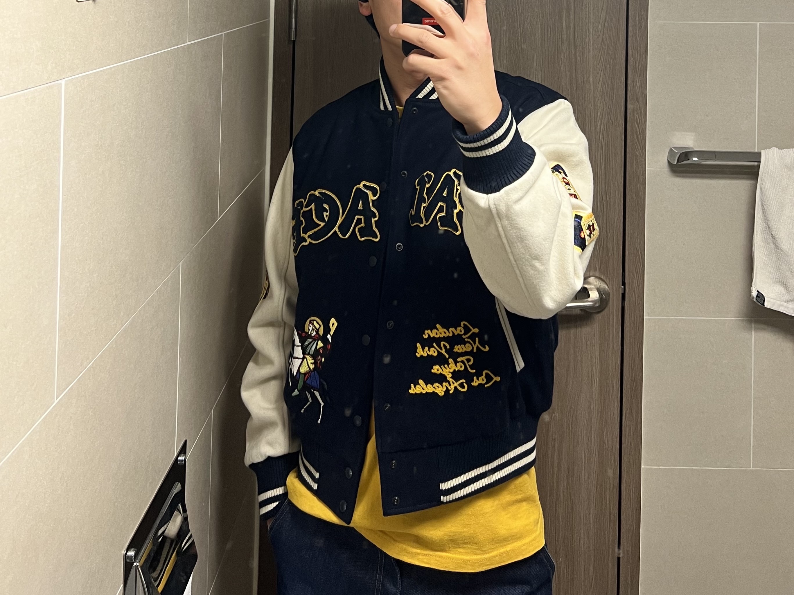 Palace Saints Varsity Jacket Navy - 24SS 착용 스타일