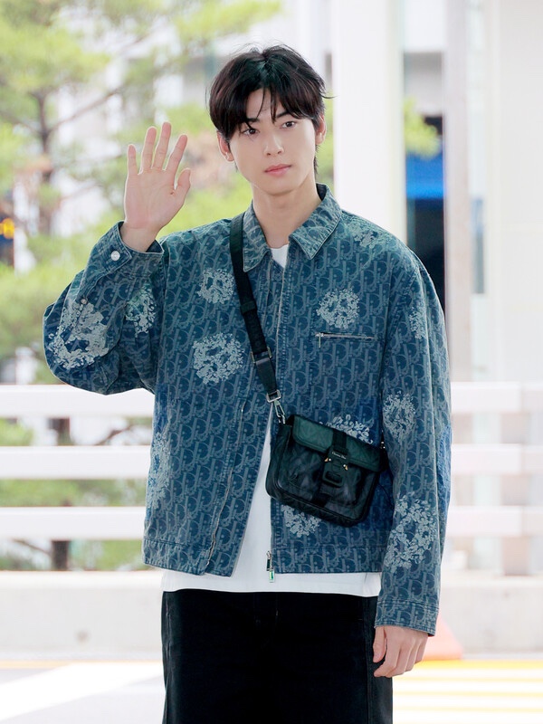 Dior x Denim Tears Dior Tears Zipped Blouson Blue Cotton Denim, Dior Mini Dior Hit The Road Bag Black CD Diamond Canvas 착용 스타일 - 2