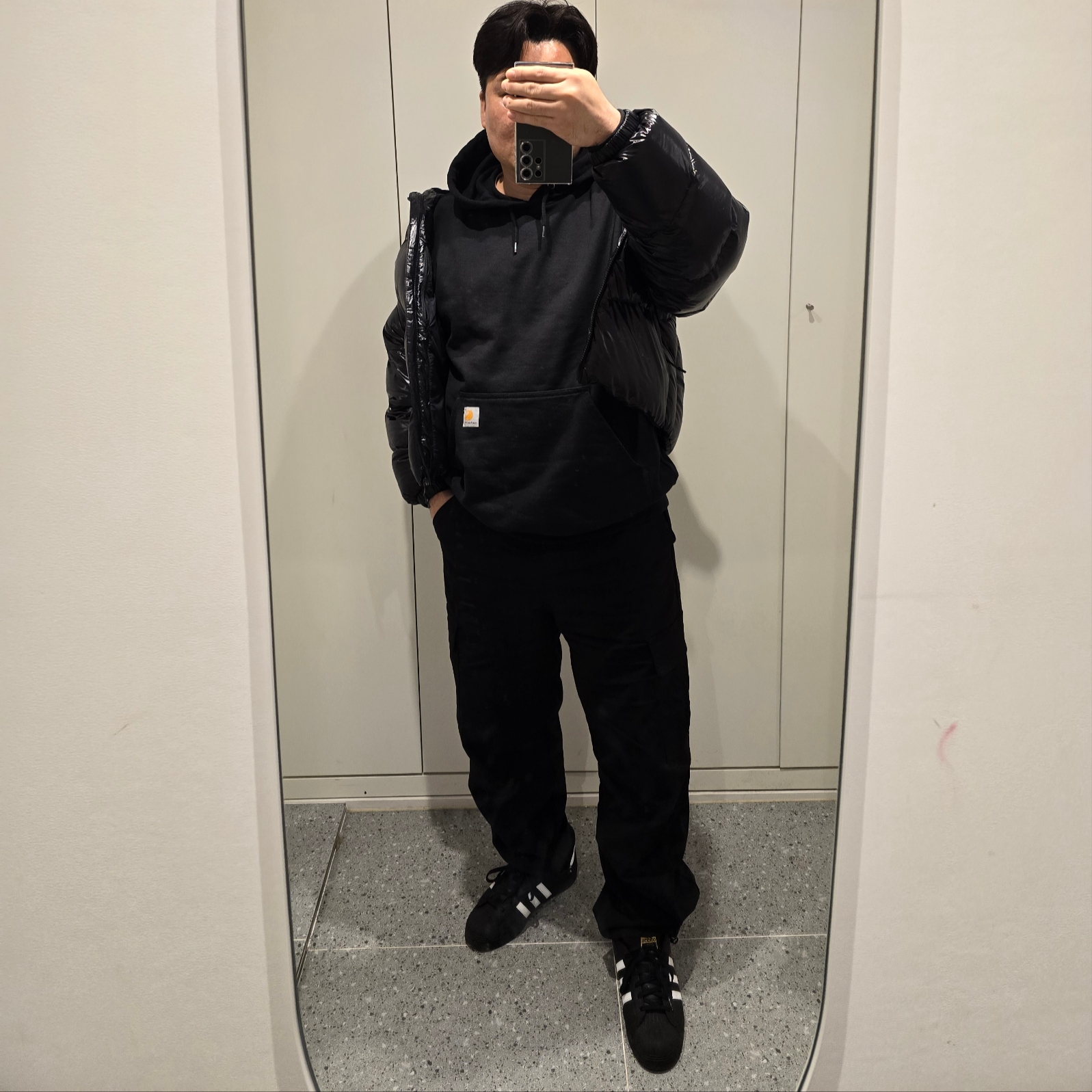 (W) Matin Kim Logo Coating Jumper Black, CDG Logo Coach Jacket Black 착용 스타일 - 4