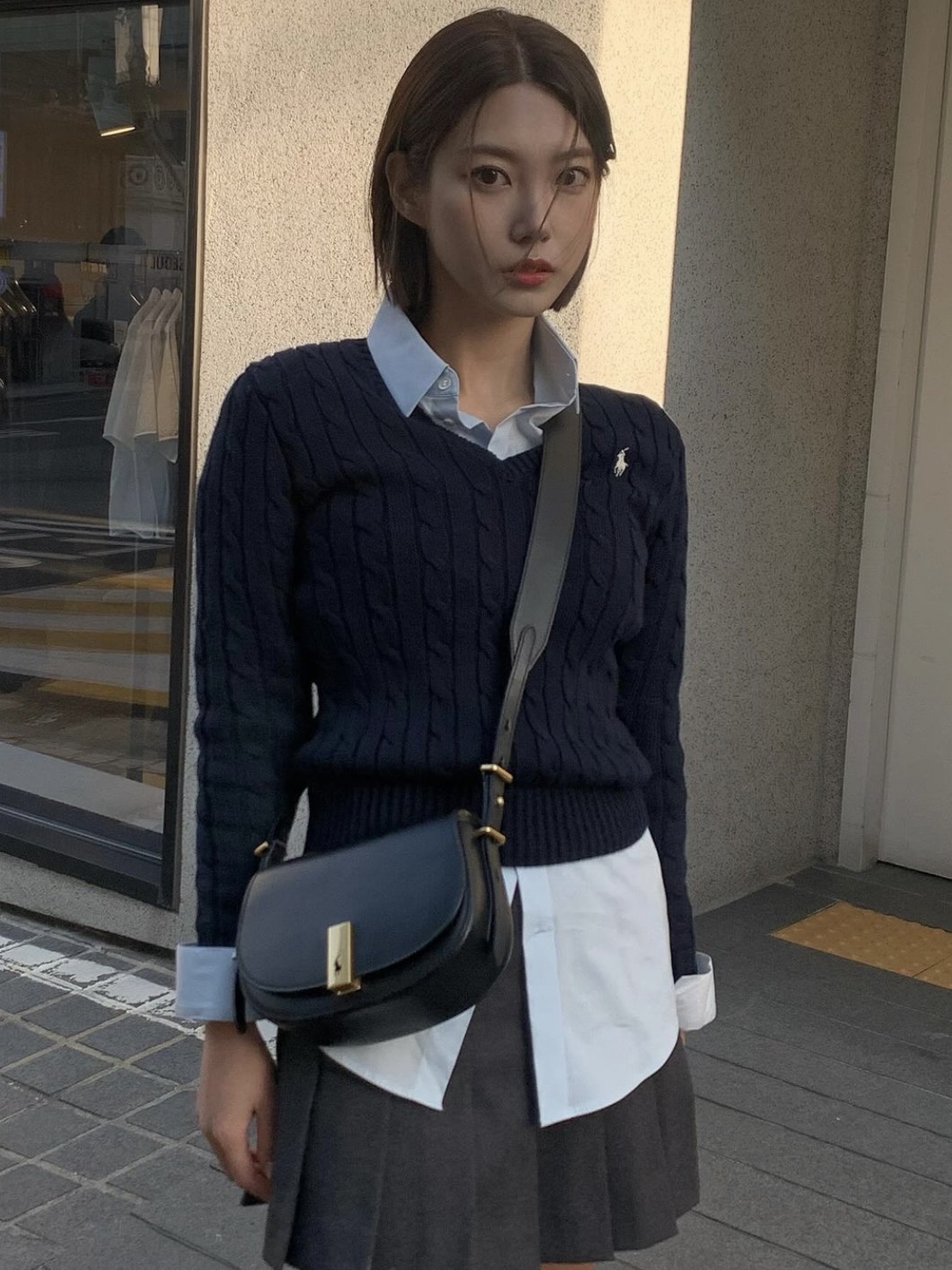 [30%적립] Polo Ralph Lauren Women Cable Knit Cotton V-Neck Sweater Hunter Navy 착용 스타일