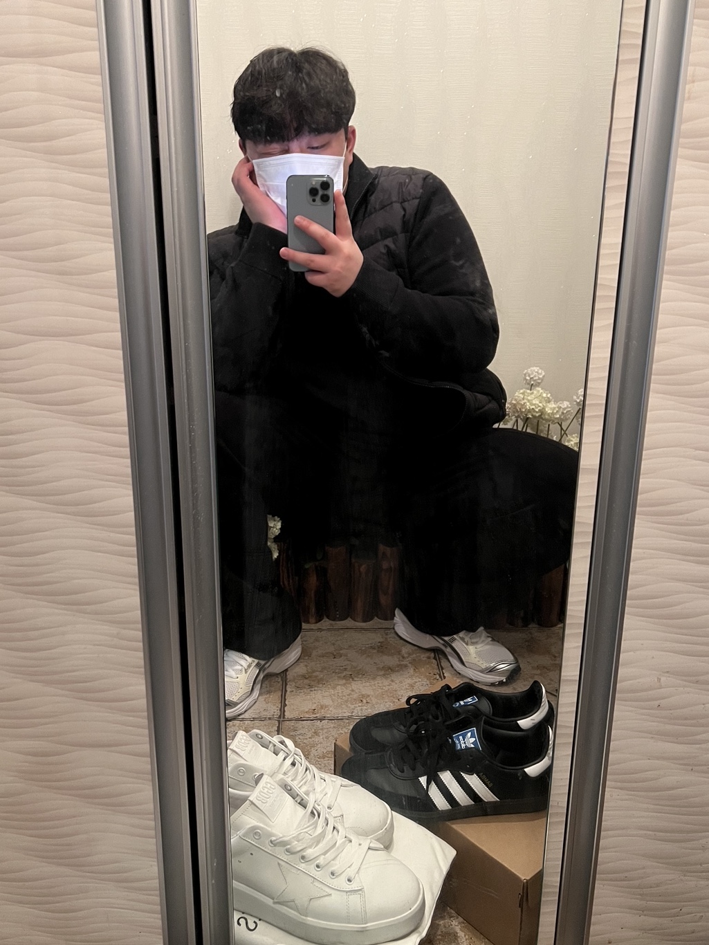 (W) Asics Gel-Kayano 14 White Midnight, Moncler Padded Wool Cardigan Black - 23FW 착용 스타일