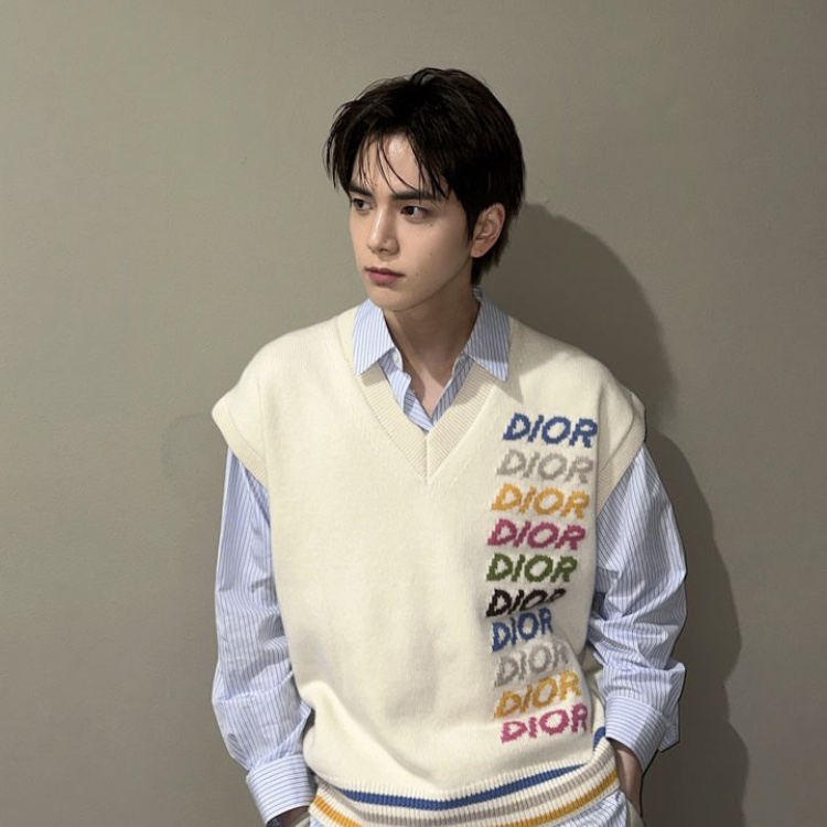 Dior Wool and Cashmere Intarsia Sleeveless Sweater Beige 착용 스타일