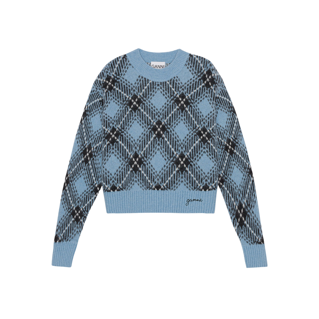 (W) Ganni Checkered Oversized Wool Pullover Silver Lake Blue 상세 이미지 1