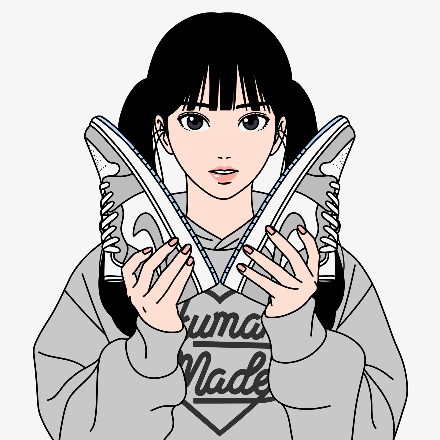 (W) Jordan 1 Low White Wolf Grey, Human Made Heart Sweatshirt Hoodie Gray 착용 스타일