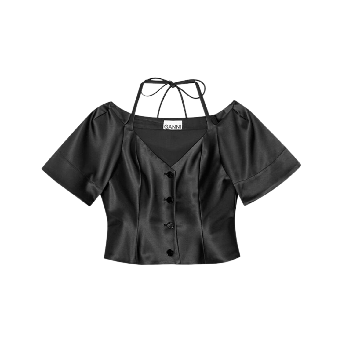 (W) Ganni Double Satin Fitted Open-Neck Blouse Black 상세 이미지 1