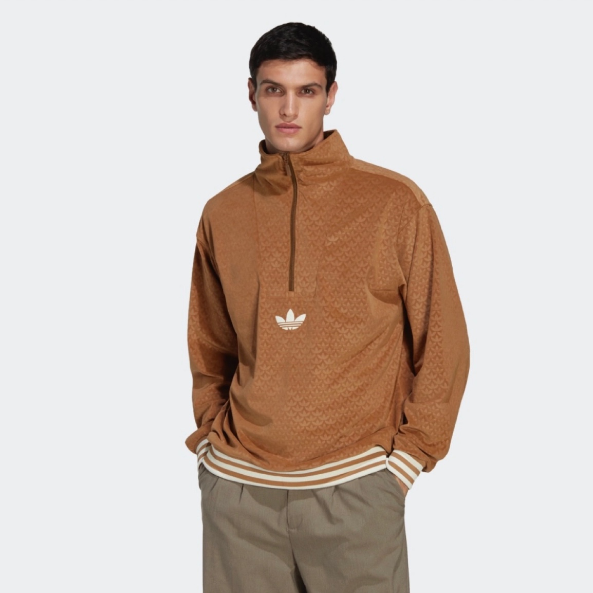 Adidas Adicolor Heritage Now Funnel Velour Half Zip Brown Desert - US Sizing 착용 스타일