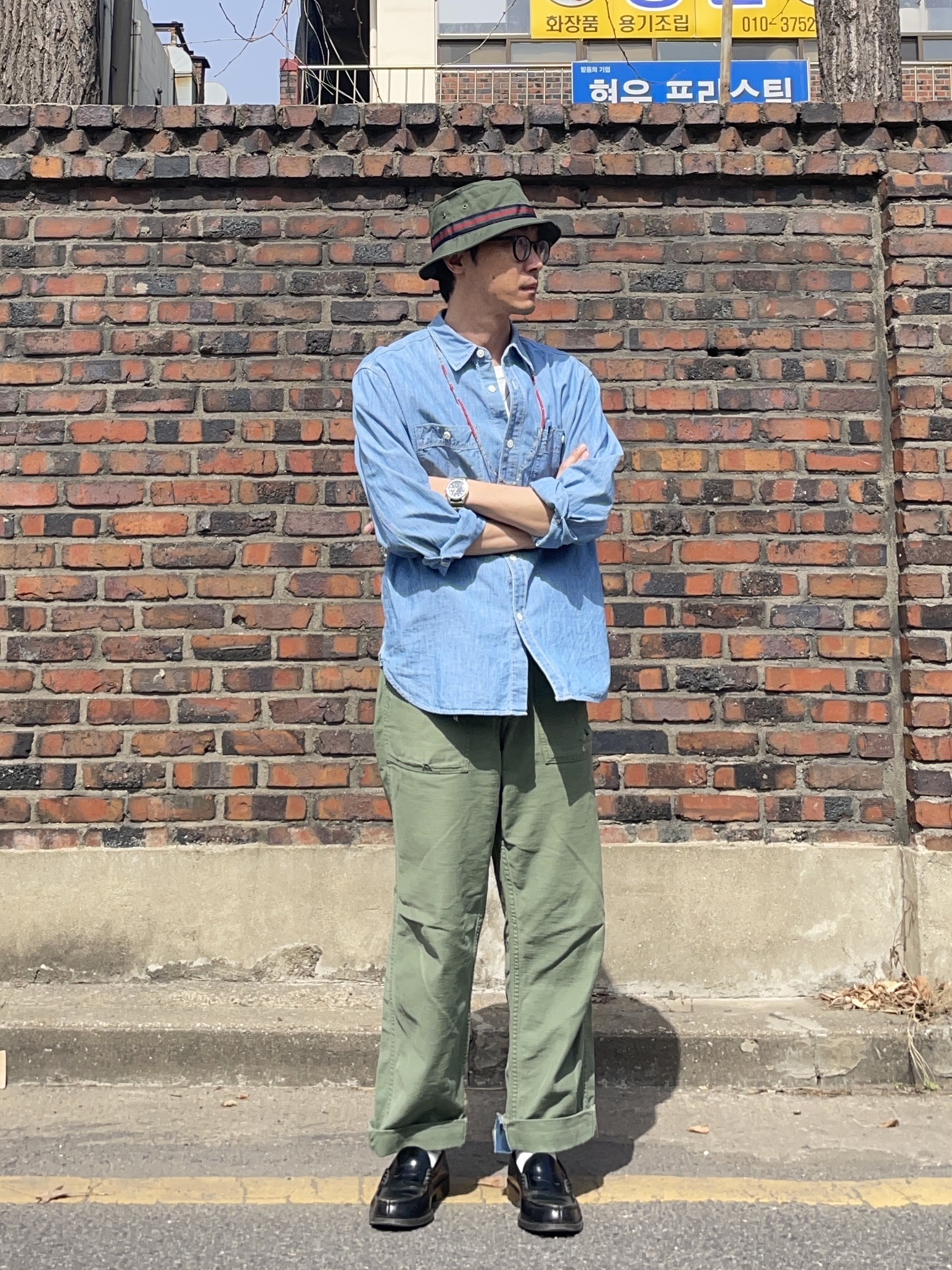 Orslow 5032 US Army Fatigue Pants Green, Haruta Leather Penny Loafer Black 착용 스타일 - 2