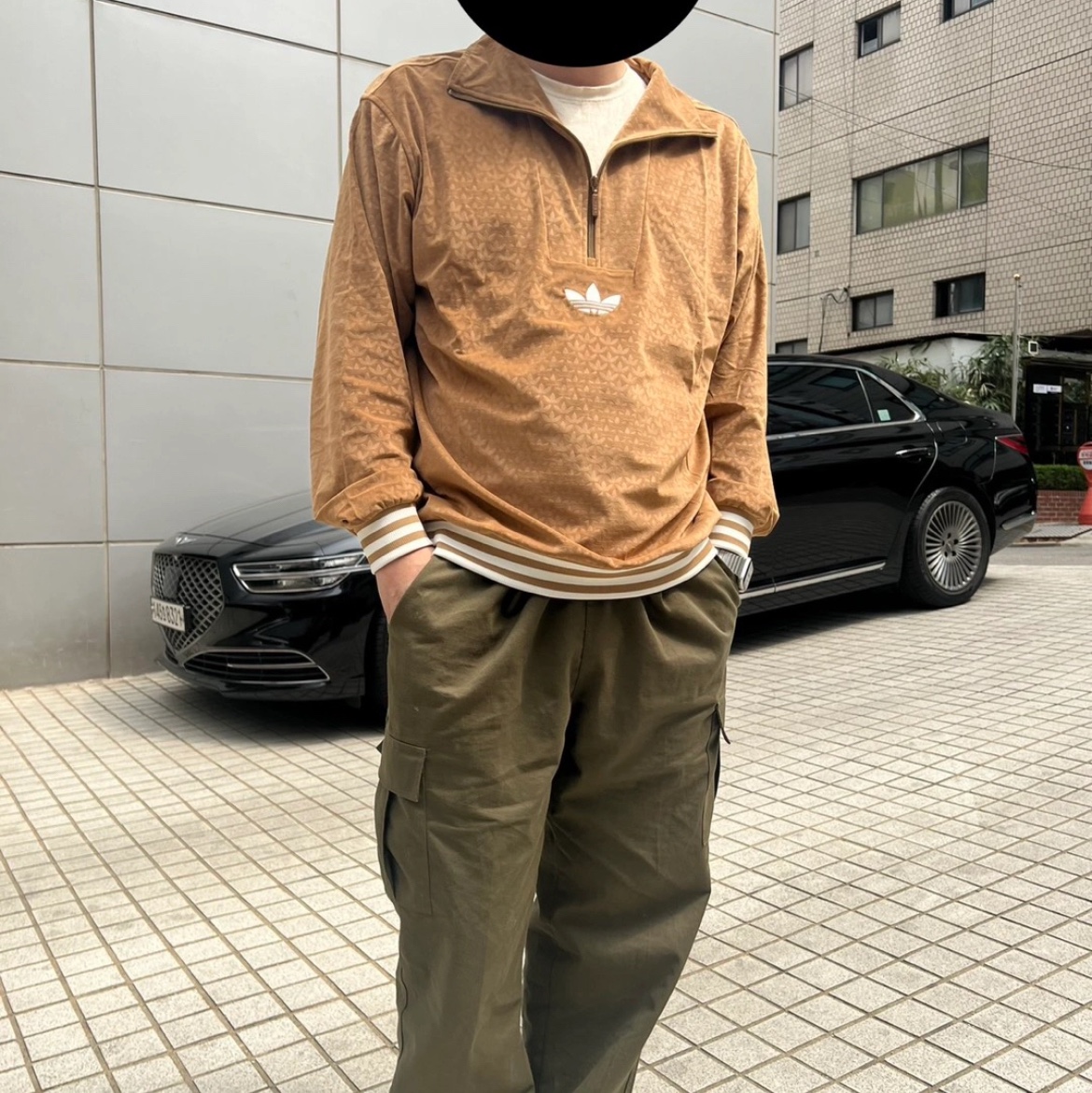 Adidas Adicolor Heritage Now Funnel Velour Half Zip Brown Desert - US Sizing 착용 스타일