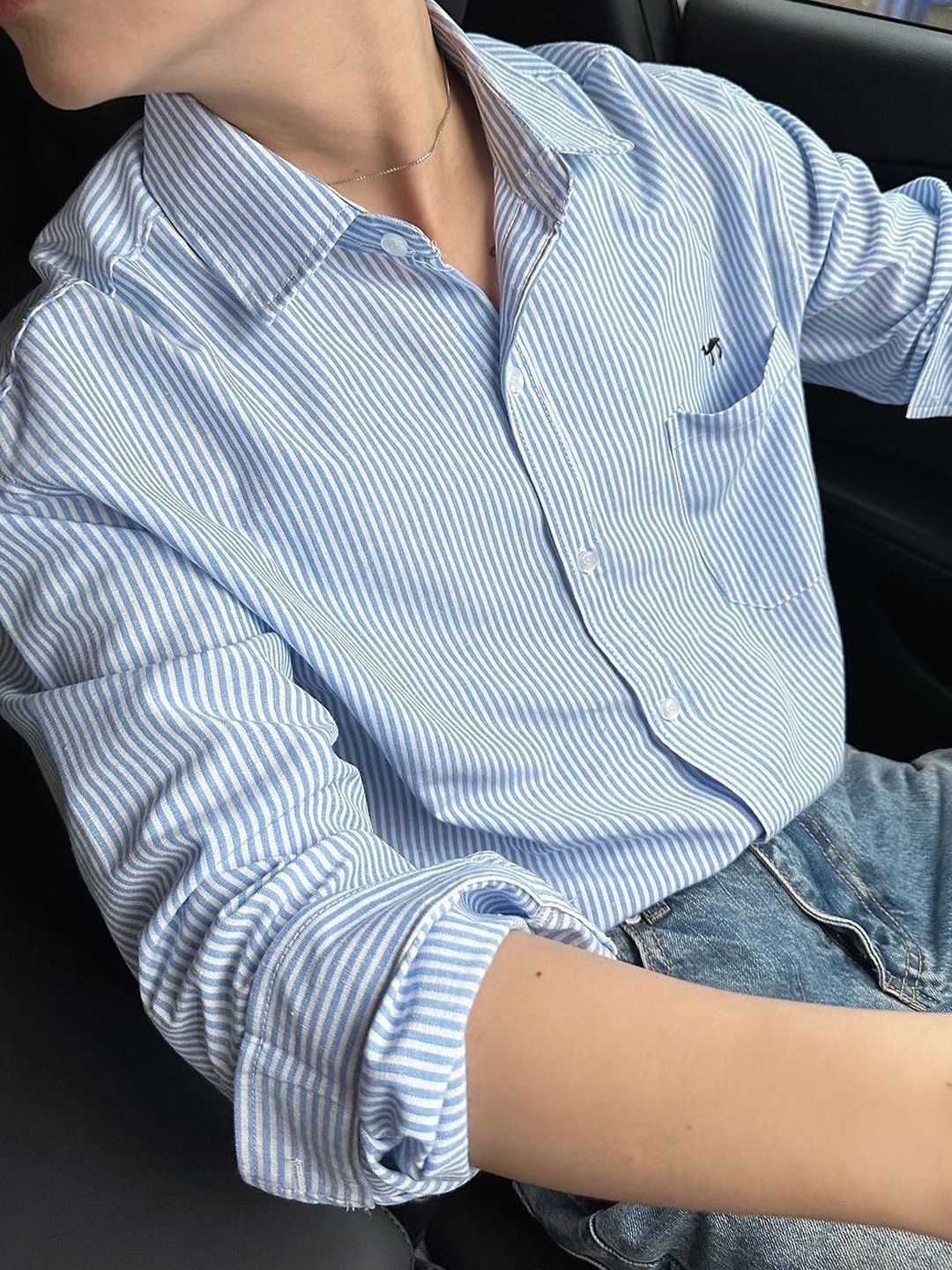 Human Made Stripe B.D L/S Shirt Blue, AMI de Coeur Striped Button-Down Shirt Nautic Blue Natural White 착용 스타일 - 2