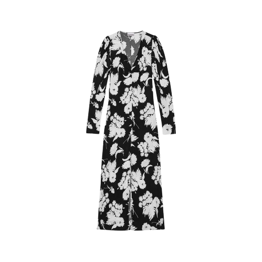 (W) 가니 프린티드 크레이프 브이넥 드레스 블랙
