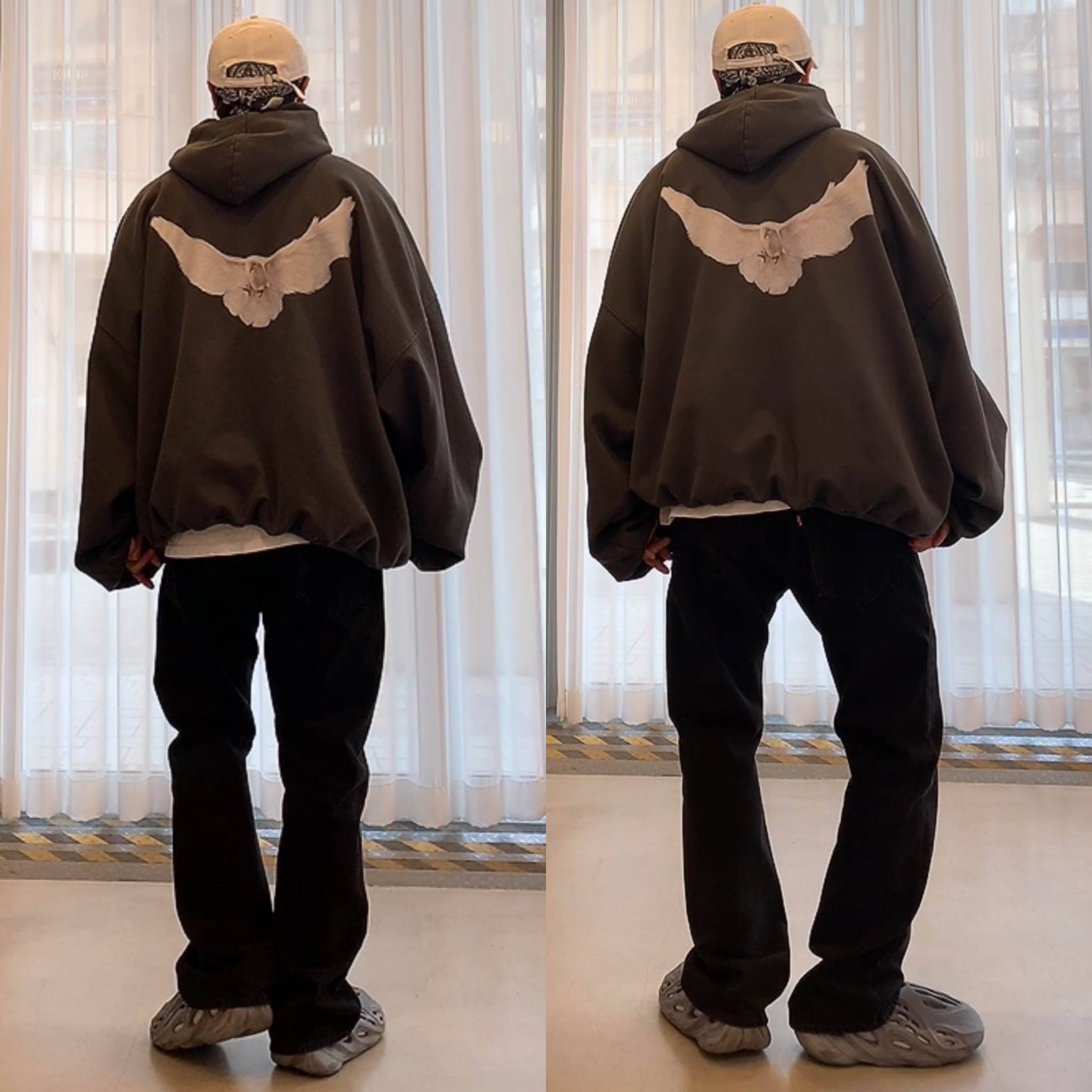 Adidas Yeezy Foam RNNR MX Granite, Yeezy Gap Engineered By Balenciaga Dove Hoodie Black 착용 스타일 - 1