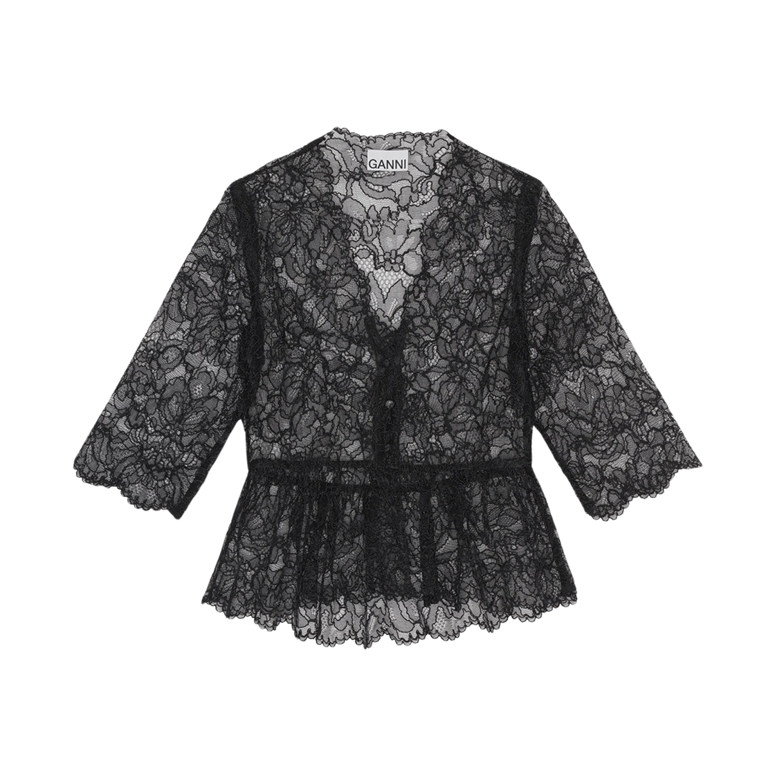 (W) Ganni Light Lace V-Neck Blouse Black 상세 이미지 1