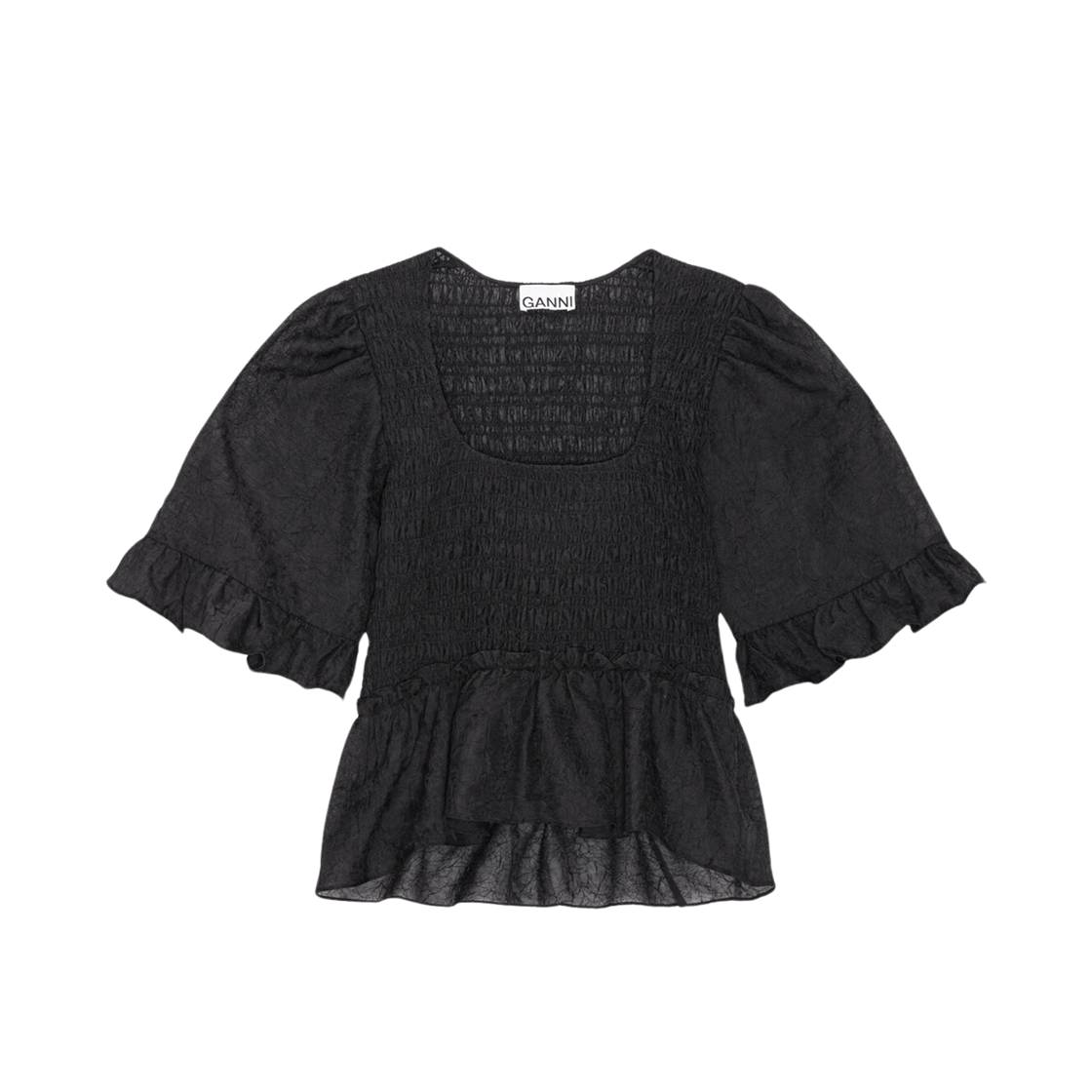 (W) Ganni Crinkled Georgette Smock Blouse Black 상세 이미지 1