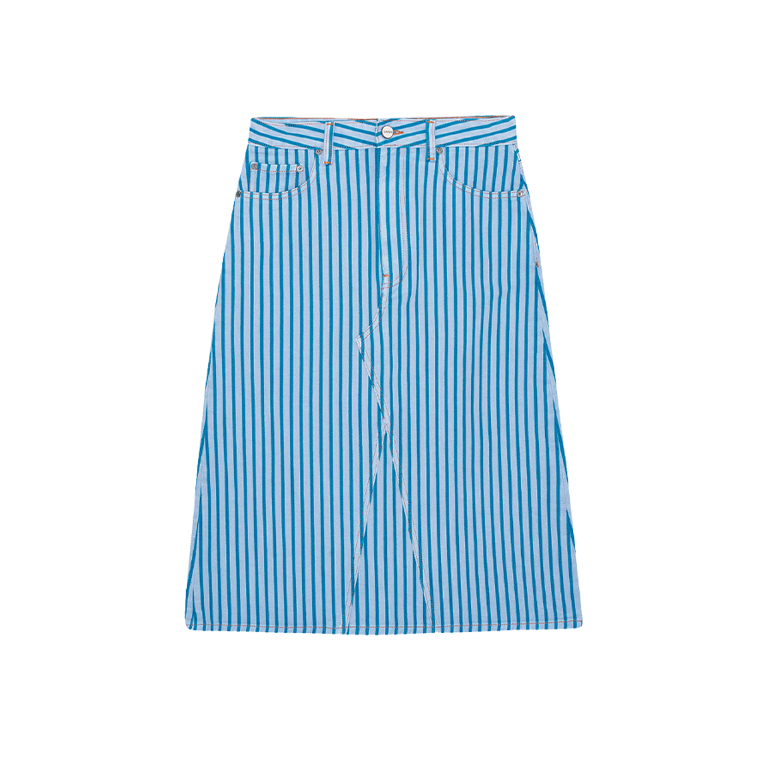 (W) Ganni Re-Cut Striped Denim Midi Skirt Silver Lake Blue 상세 이미지 1