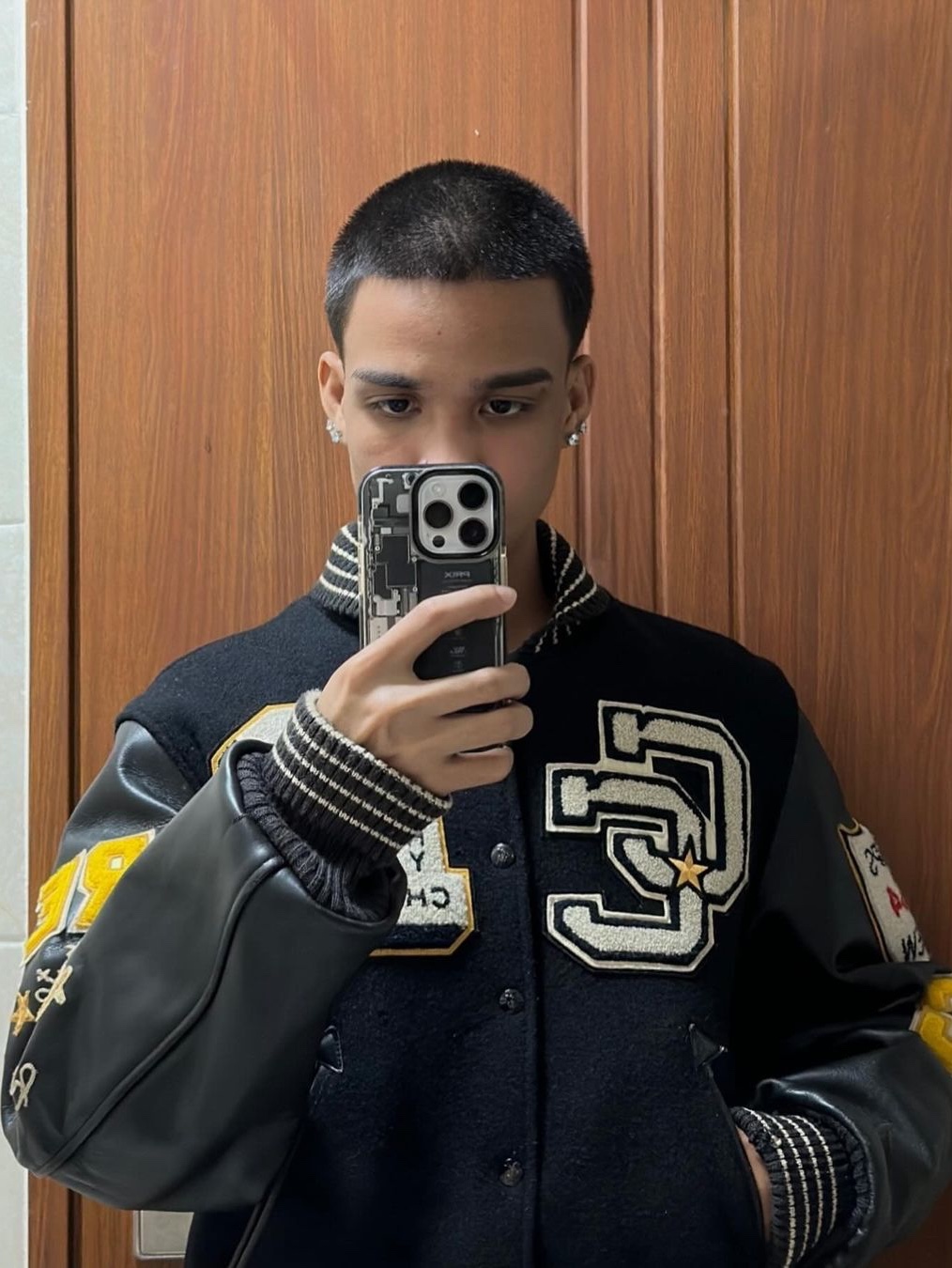 Stussy x Our Legacy x Denim Tears TTL Varsity Jacket Black, Supreme Tiger Varsity Jacket Black - 23FW 착용 스타일 - 3