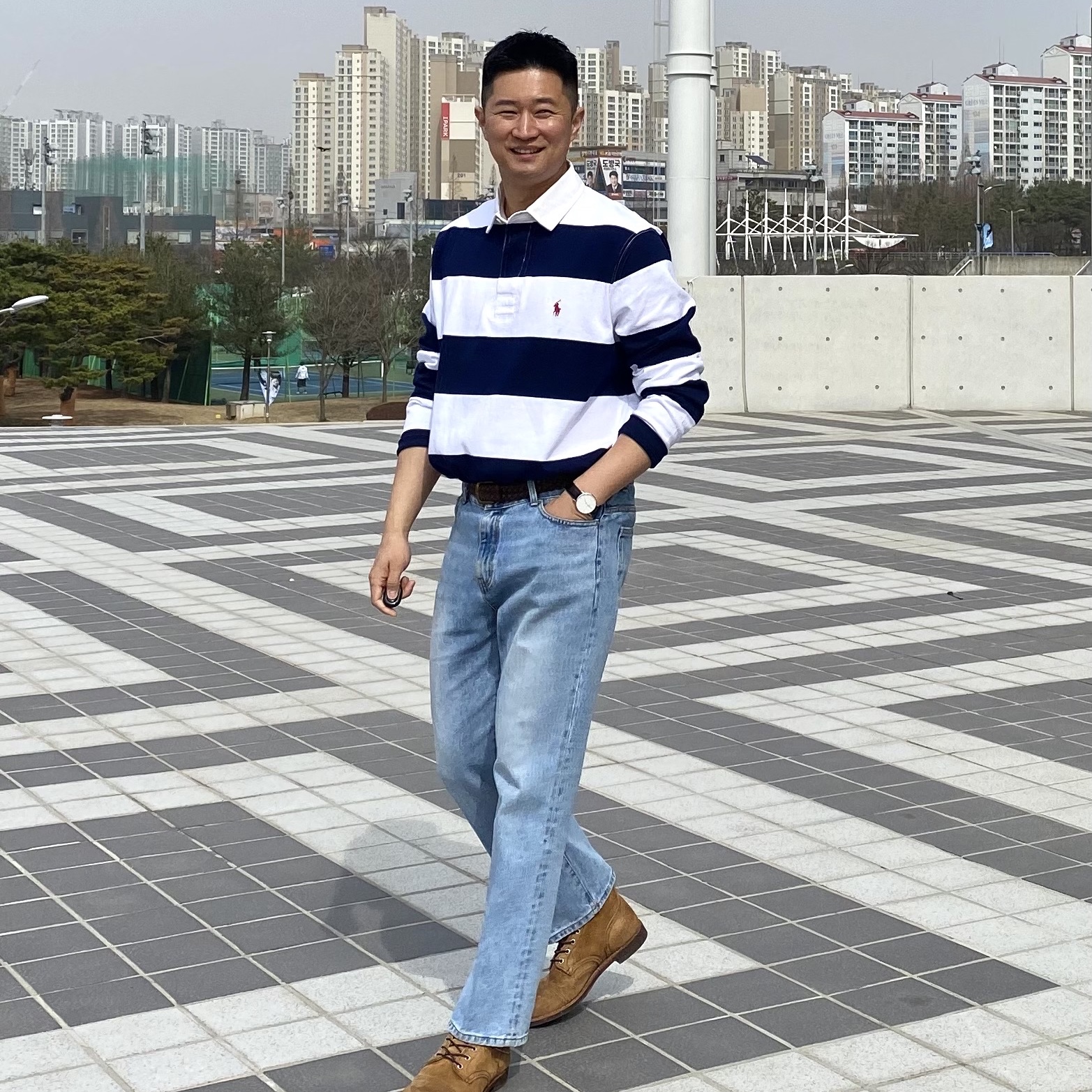 Malbon Golf Malbon Rugby T-Shirt Navy 착용 스타일 - 2