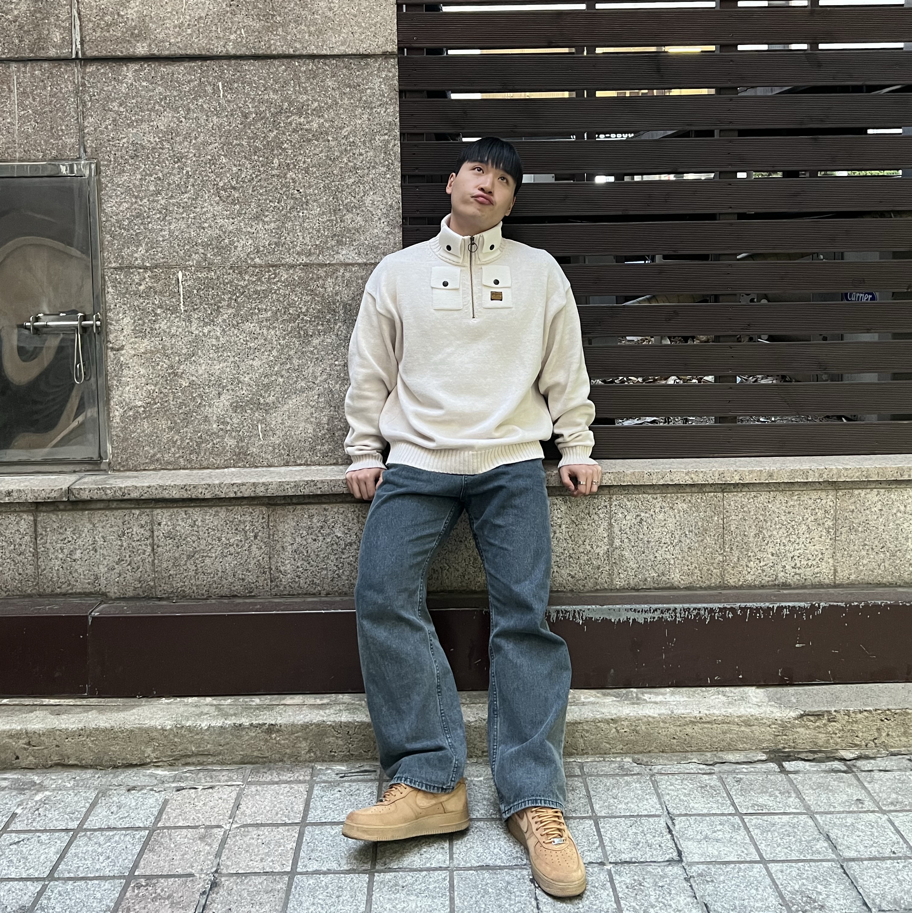 Kapital 8G Cotton Wool Nickel 4 Half Zip Sweater Kinari, Nike x Supreme Air Force 1 Low Flax 착용 스타일