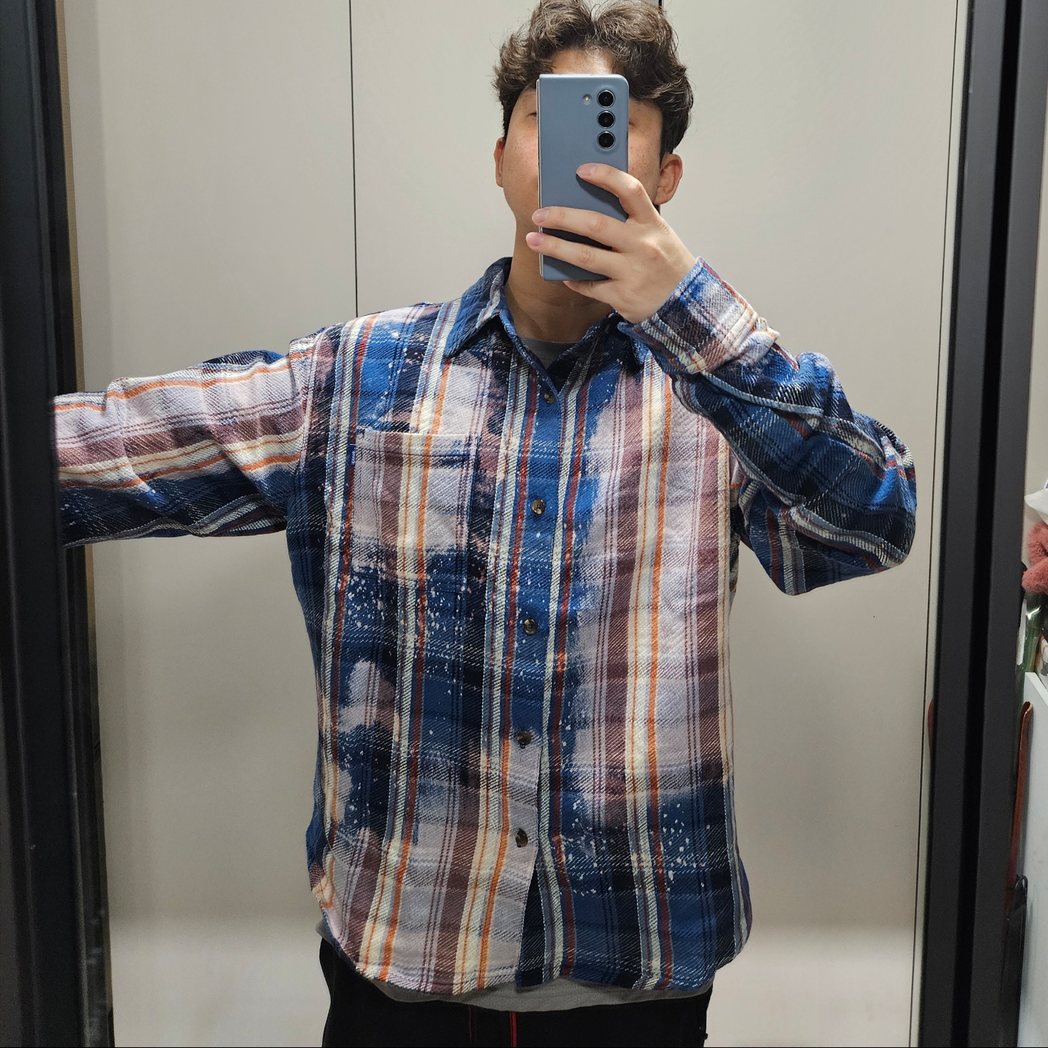 Jordan x Awake NY Flannel Shirt Blackened Blue (FQ5453-498) 착용 스타일 - 4
