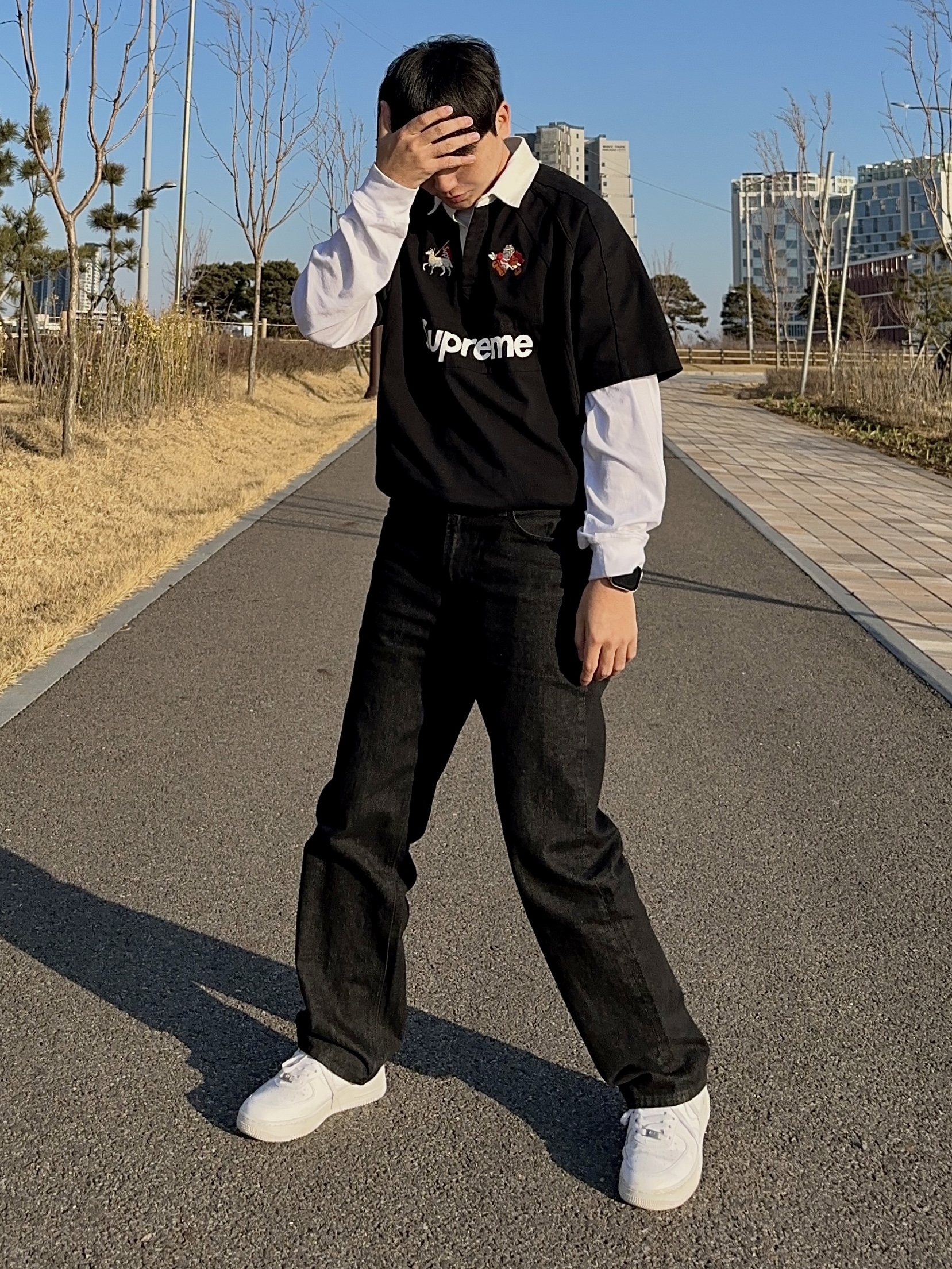 Supreme S/S Rugby Black - 24SS, Nike x Supreme Air Force 1 Low White 착용 스타일