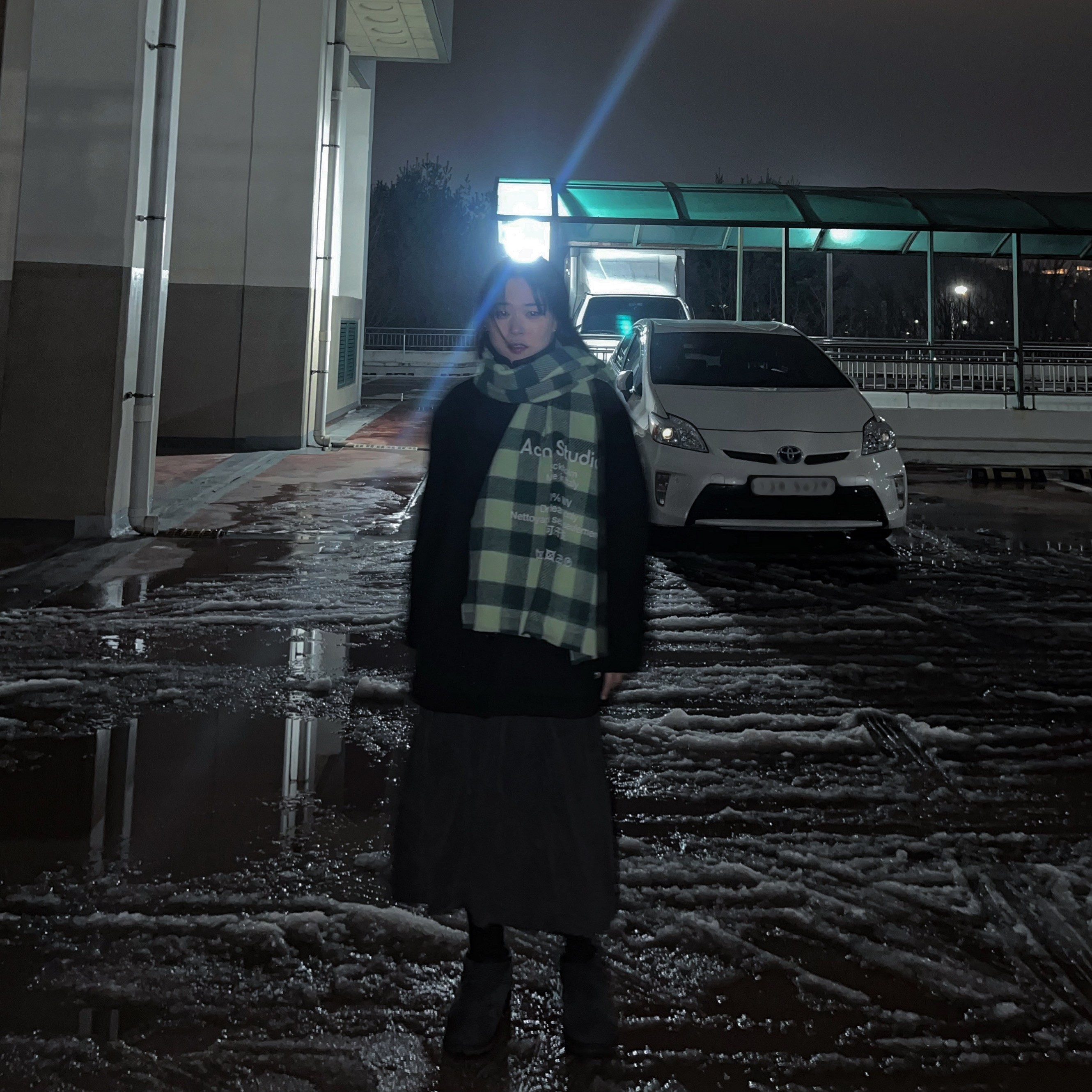 Acne Studios Check Wool Muffler Forest Green Light Green 착용 스타일