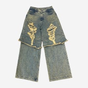 BLR Destroyed Vintage Double Denim Pants Navy