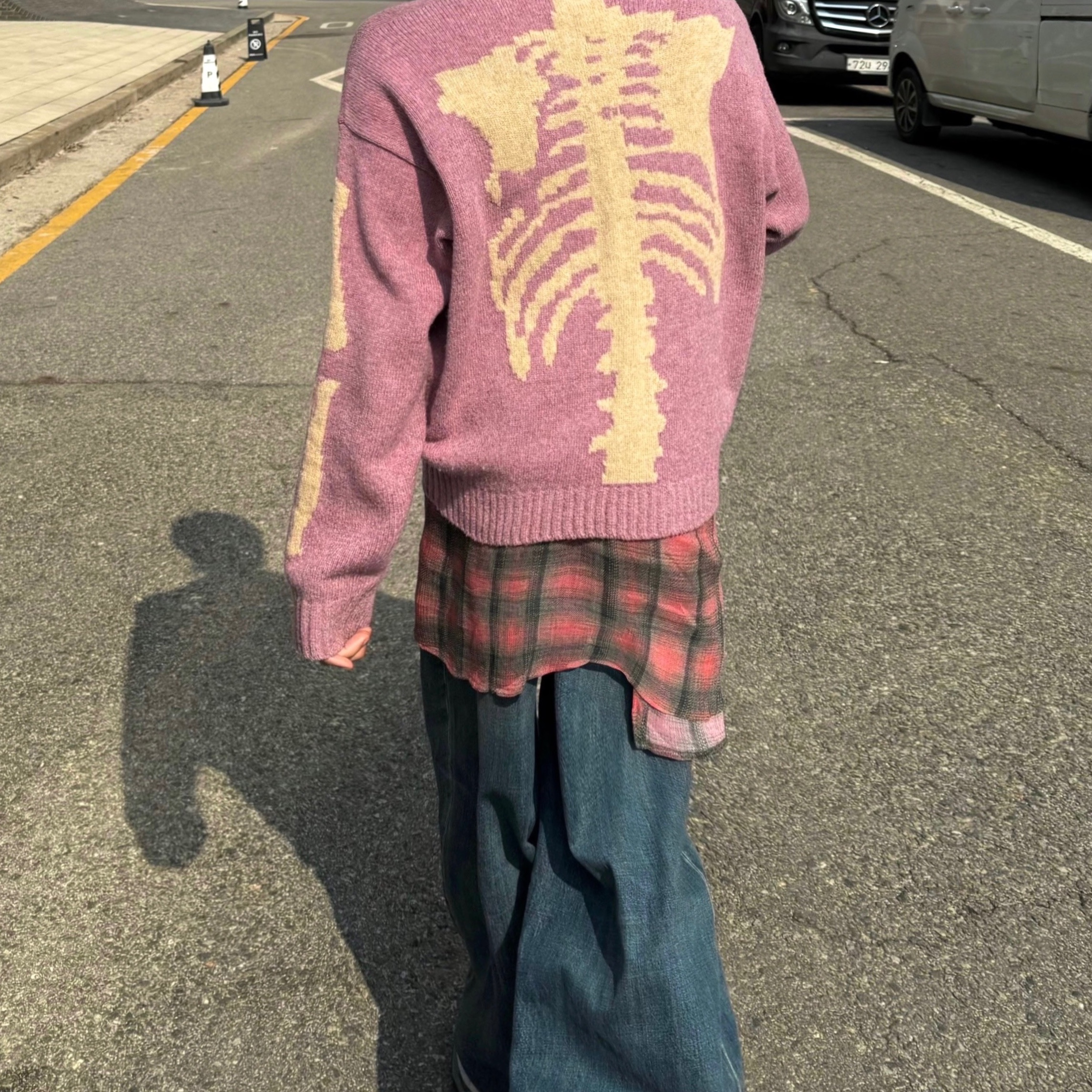 Kapital 5G Wool Bone Crewneck Sweater Light Purple, Our Legacy Borrowed Shirt Big Lumbercheck Print 착용 스타일