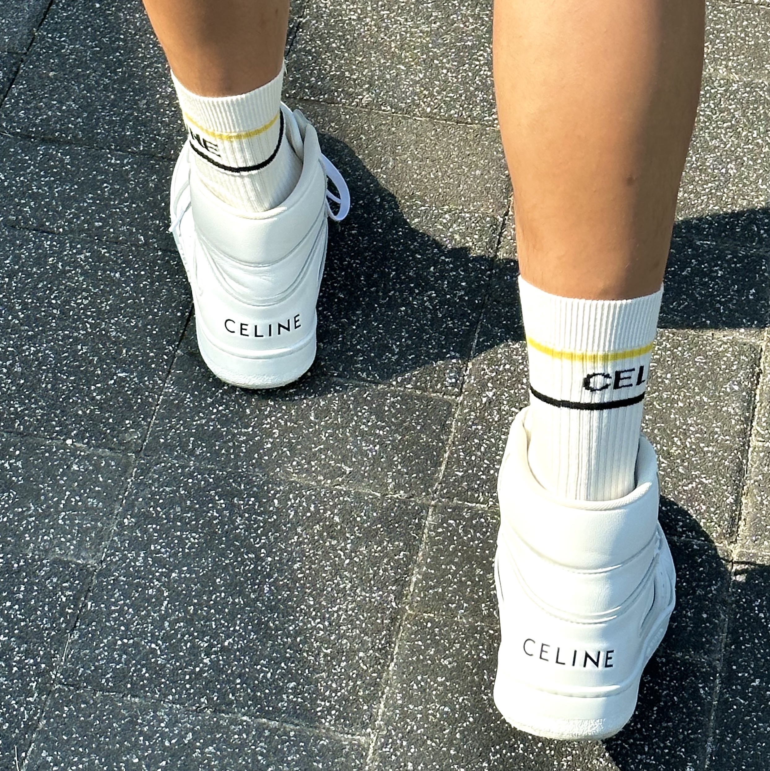 Celine Socks in Striped Cotton White Yellow, Celine CT-03 High Top Velcro Calfskin Sneakers Optic White 착용 스타일