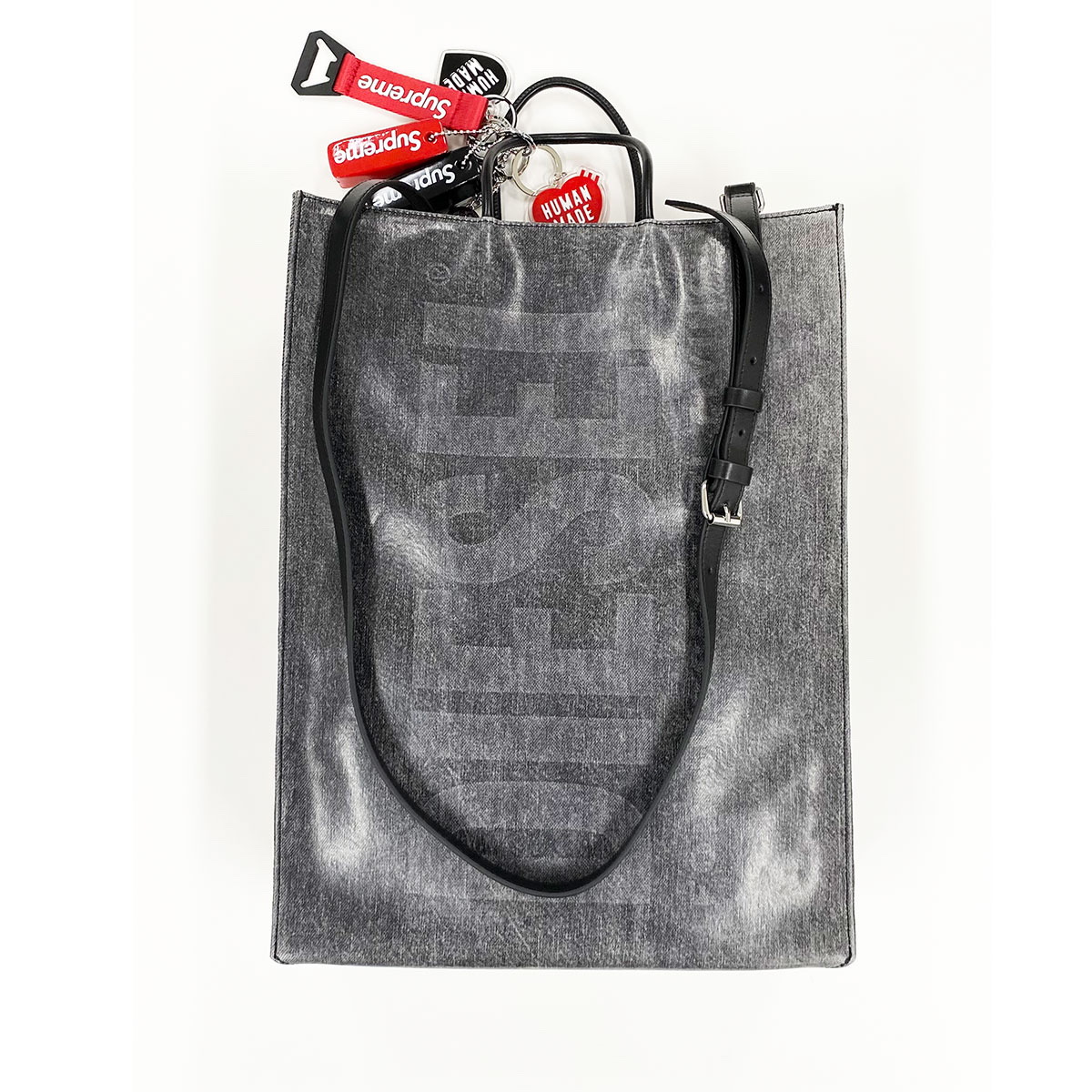 Diesel DSL Large Shopper Bag in Coated Marbled Denim Black, Supreme Bottle Opener Webbing Keychain Red - 21FW 착용 스타일