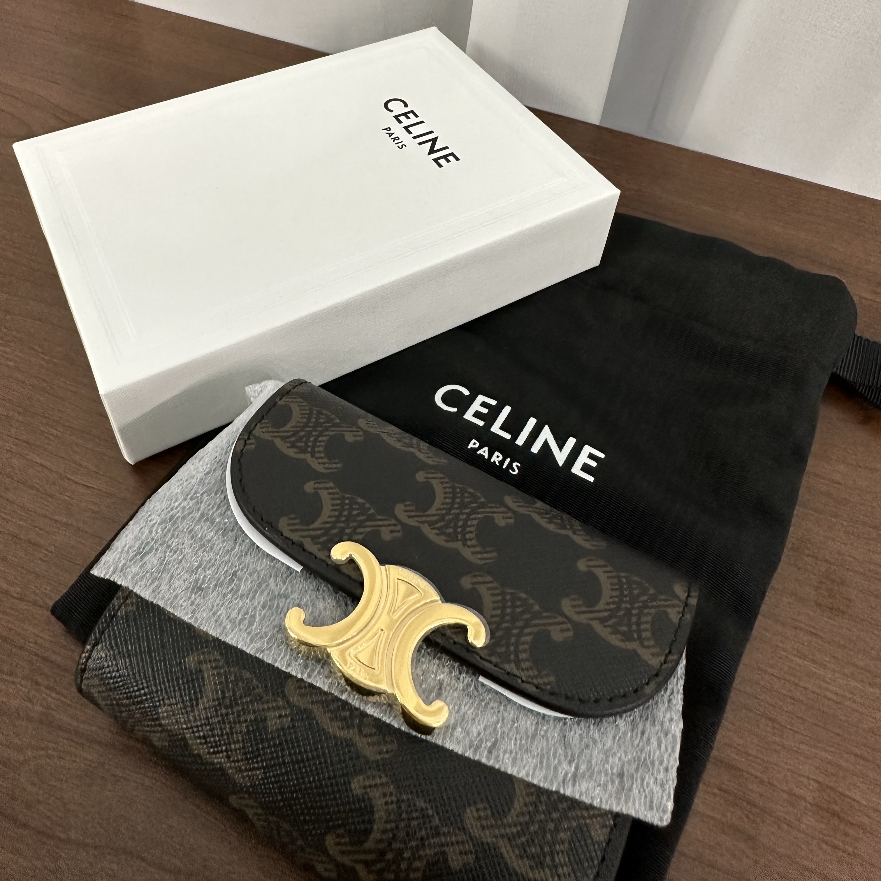 Celine Small Wallet Triomphe in Triomphe Canvas Tan 착용 스타일 - 1