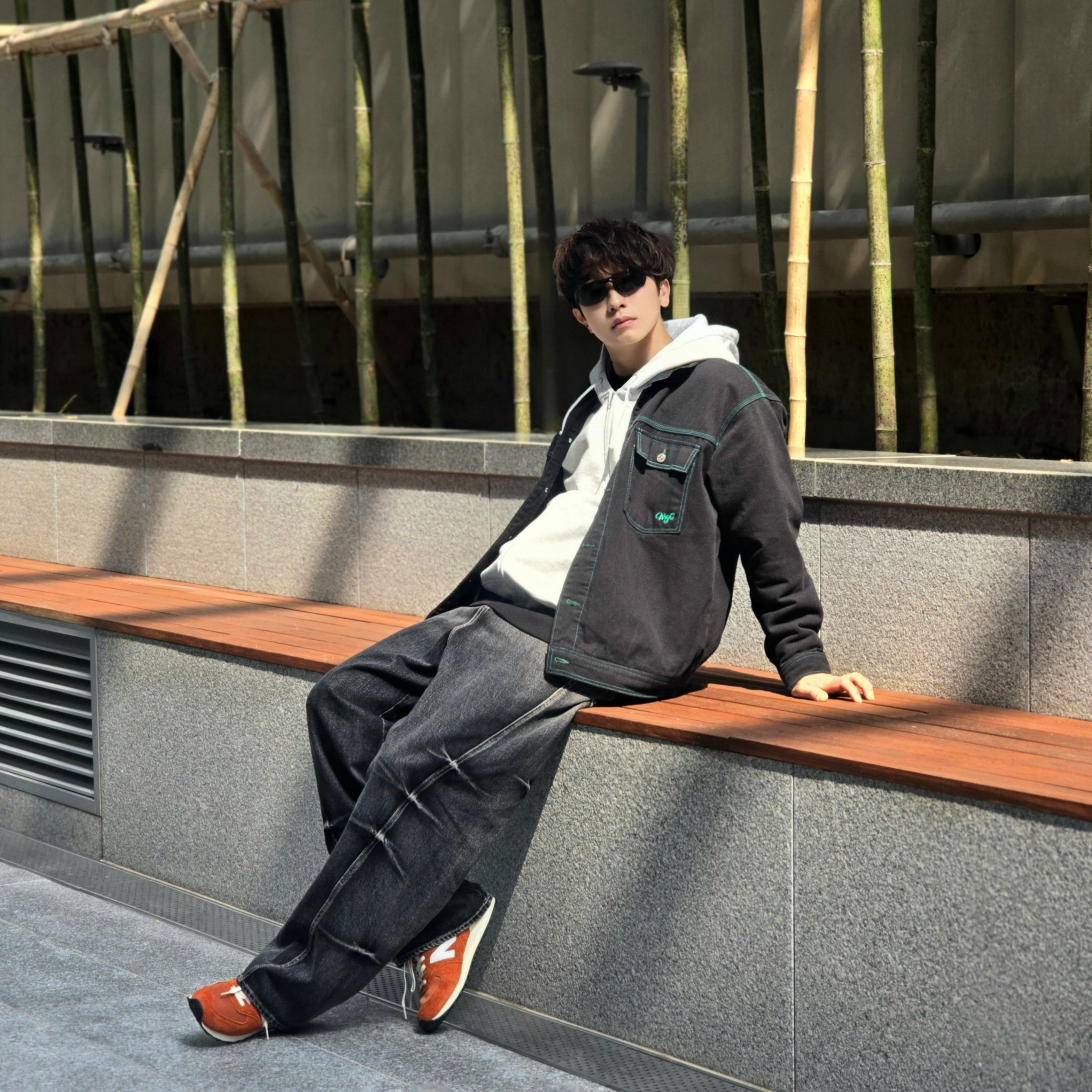 Stussy Stock DSM Ginza Zip Hoodie Ash Heather 2023, New Balance 574 Heritage Orange Burst White 착용 스타일 - 8