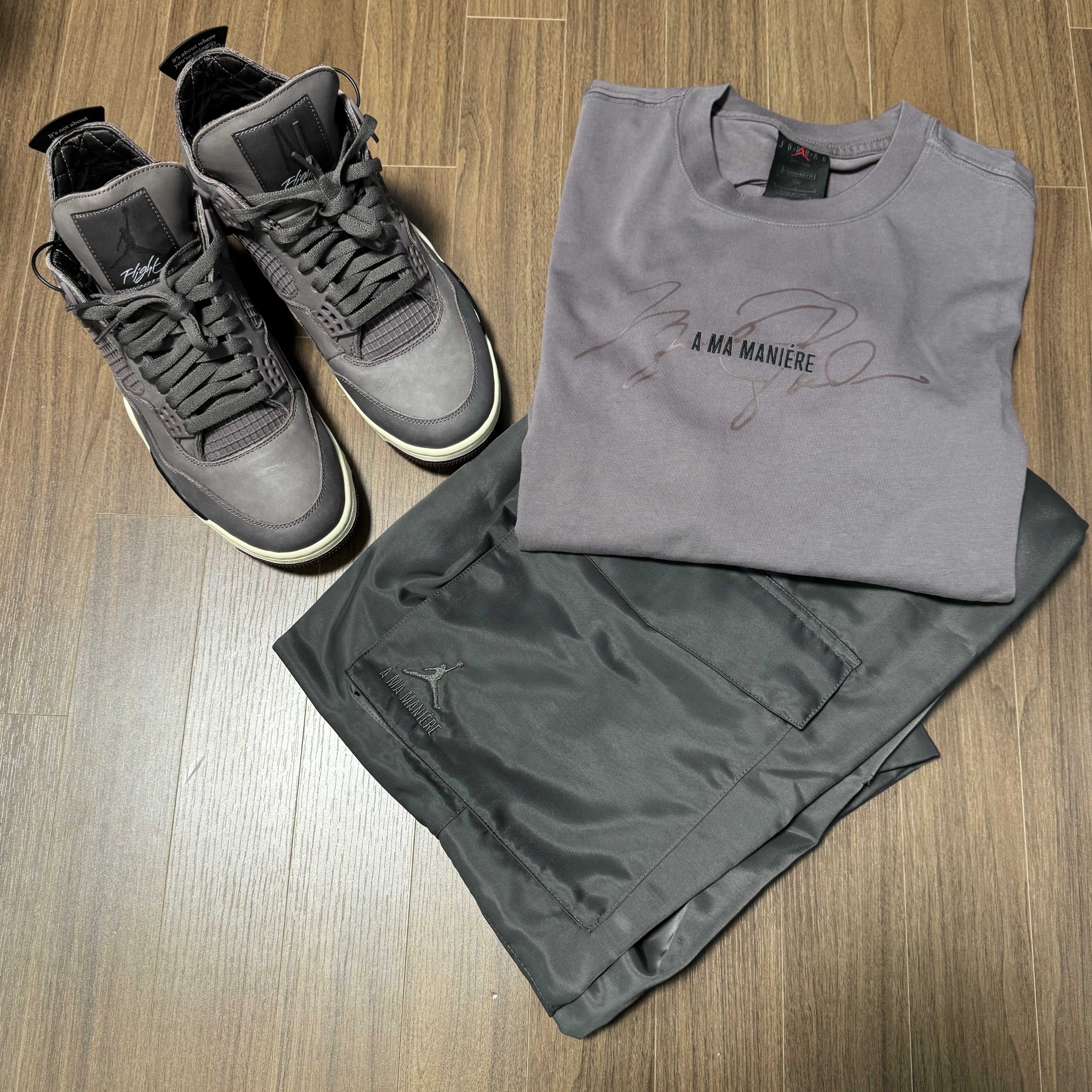 Jordan x A Ma Maniere Woven Cargo Pants Midnight Fog - Asia, Jordan 4 x A Ma Maniere Retro Violet Ore 착용 스타일