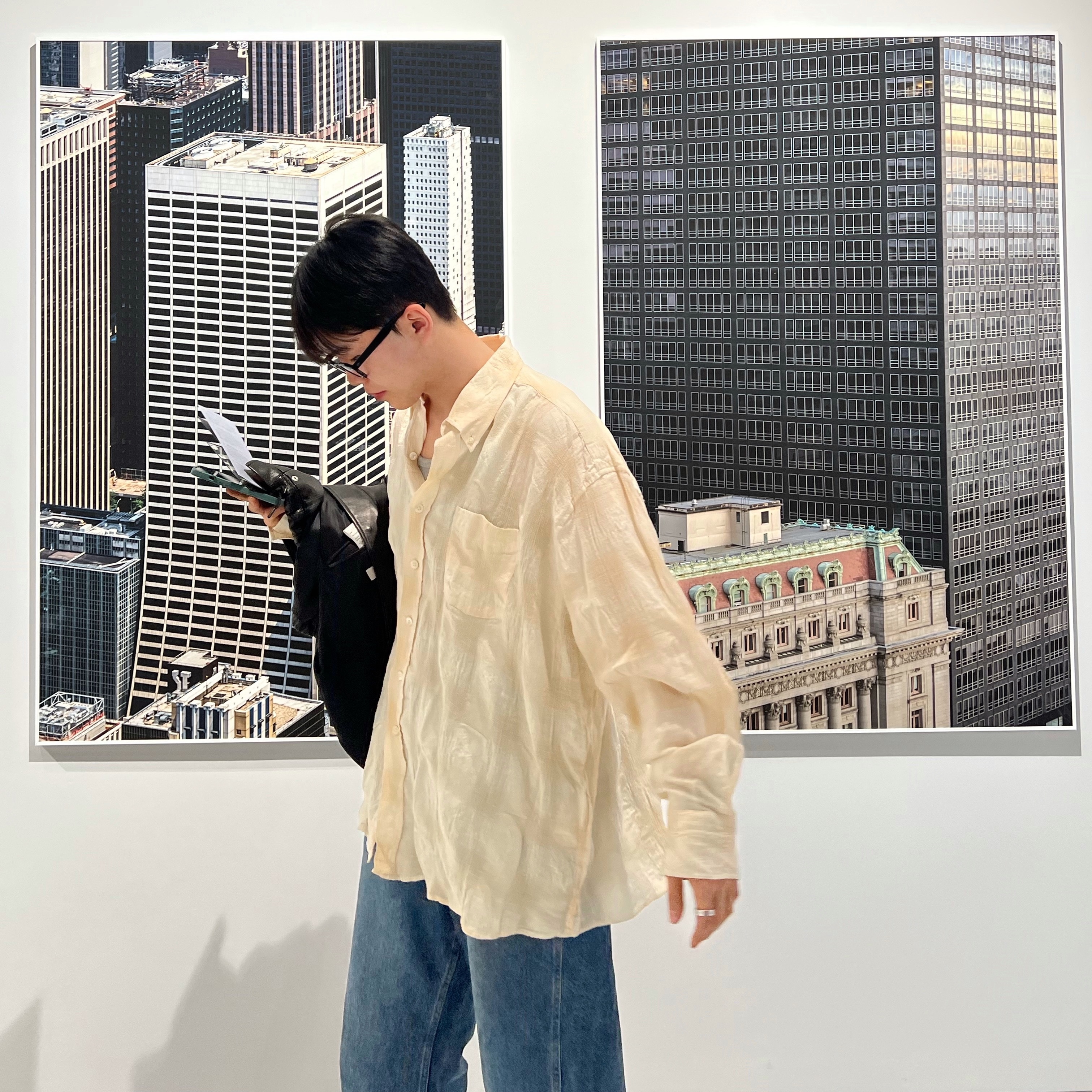 Our Legacy Borrowed BD Shirt Naturelle Spectral Check 착용 스타일 - 3