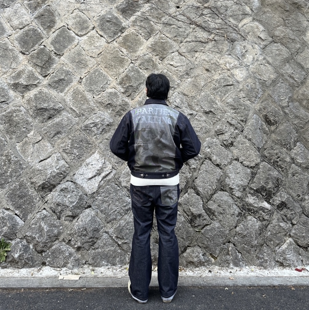 Punch Drunk Parties Backing Parties Raw Denim Jacket Dark Indigo, Nike Life Cable Knit Turtleneck Sweater Light Bone - Asia 착용 스타일 - 4