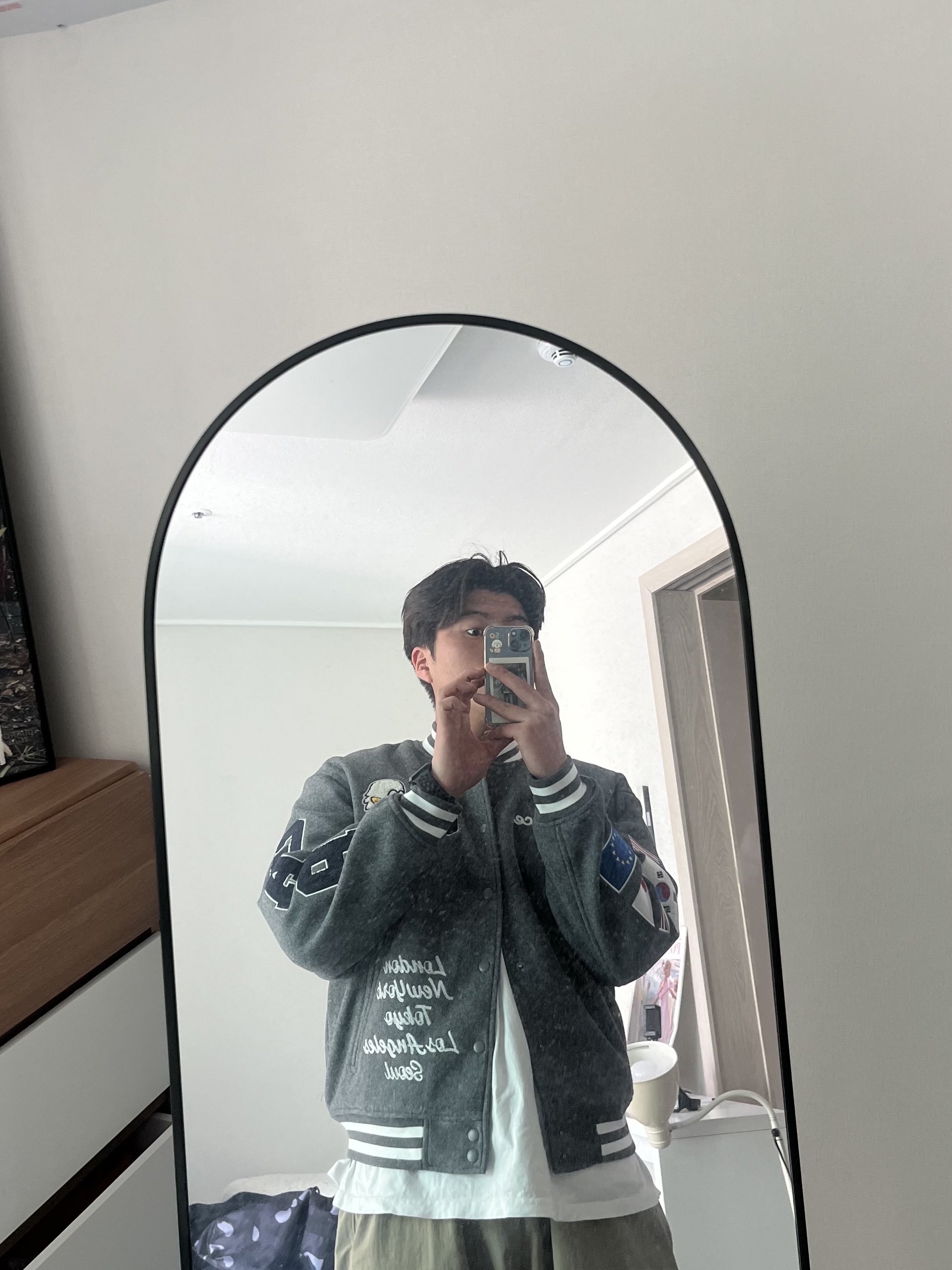 Palace x Gap Varsity Jacket Grey - 24SS 착용 스타일