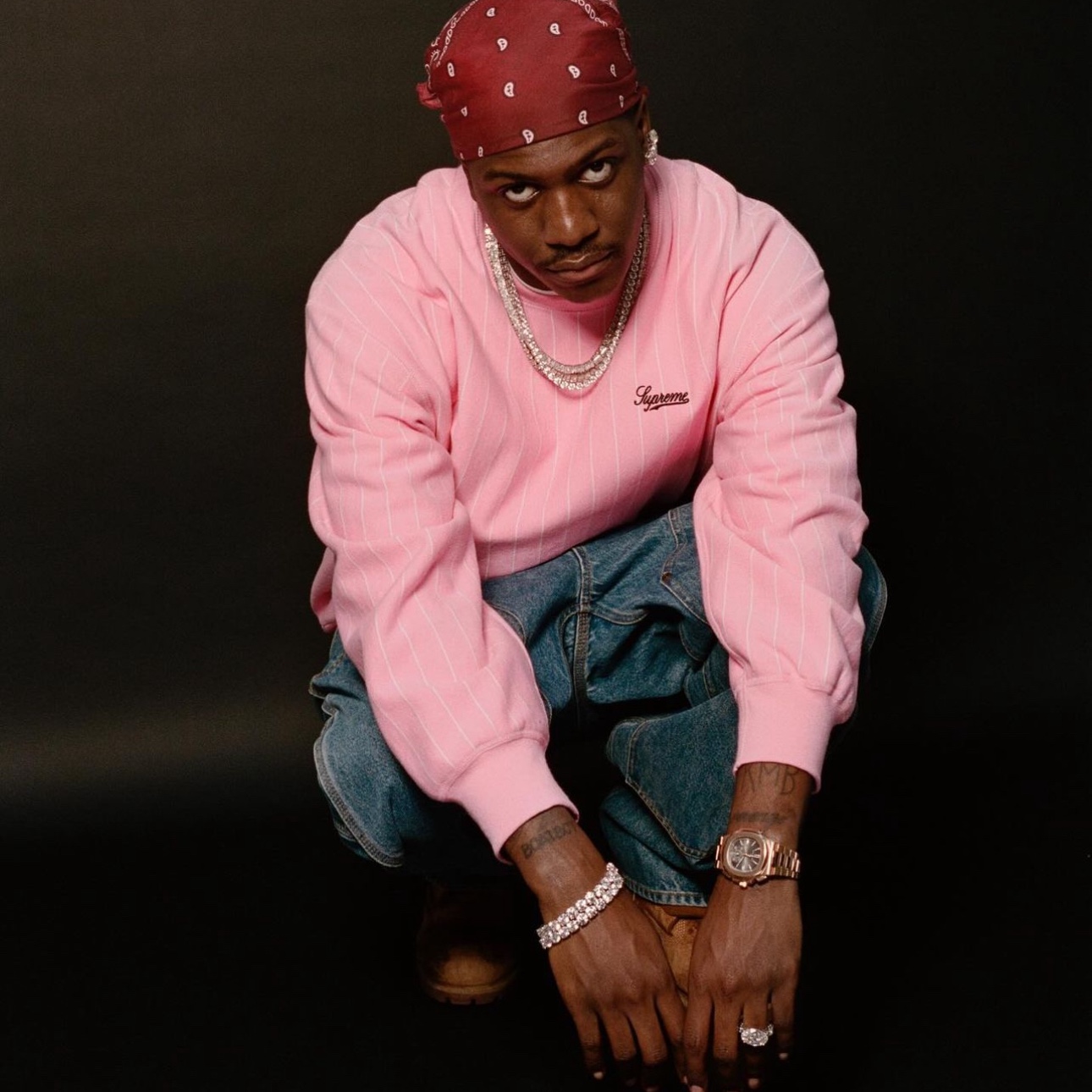 Supreme Pinstripe Crewneck Pink - 24SS 착용 스타일 - 1