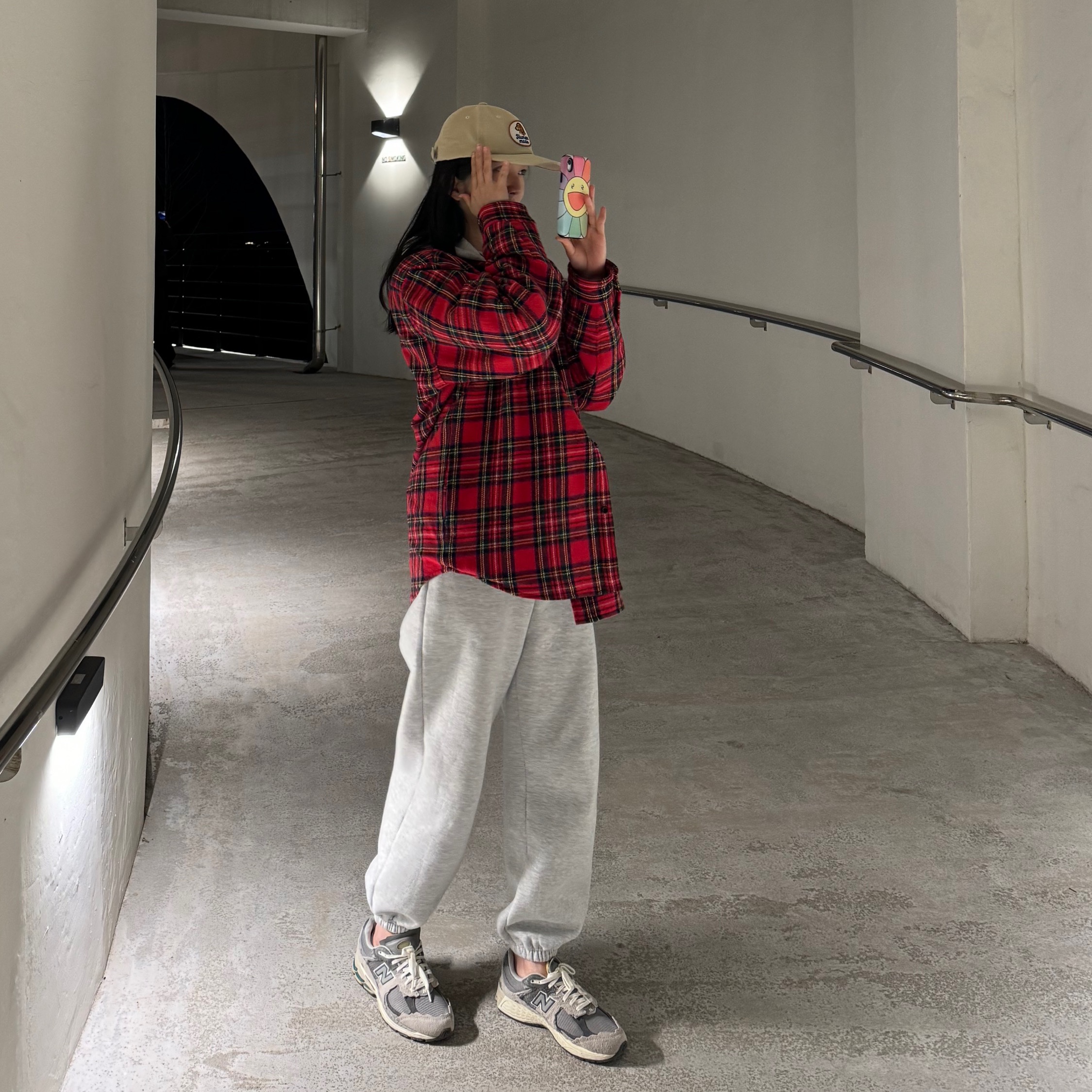 Supreme Tartan Flannel Hooded Shirt Red - 23FW, New Balance 2002R Grey 착용 스타일