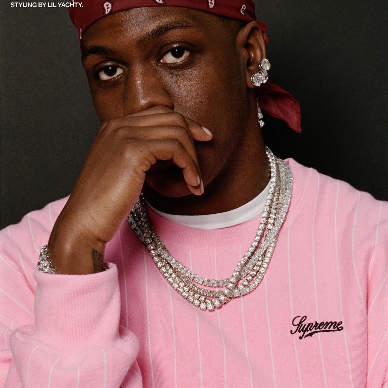 Supreme Pinstripe Crewneck Pink - 24SS 착용 스타일 - 2