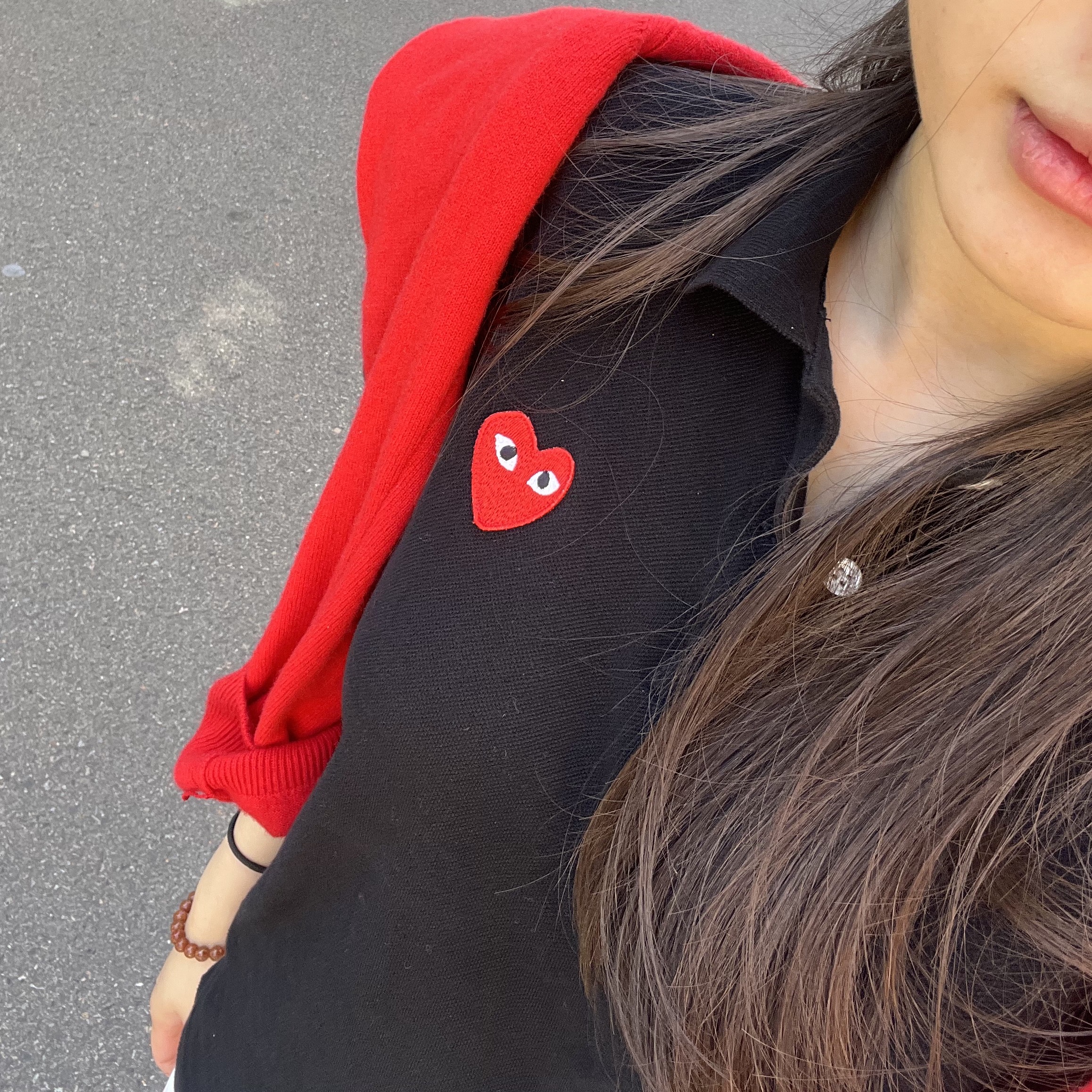 Play Comme des Garcons Red Heart Polo Shirt Black 착용 스타일