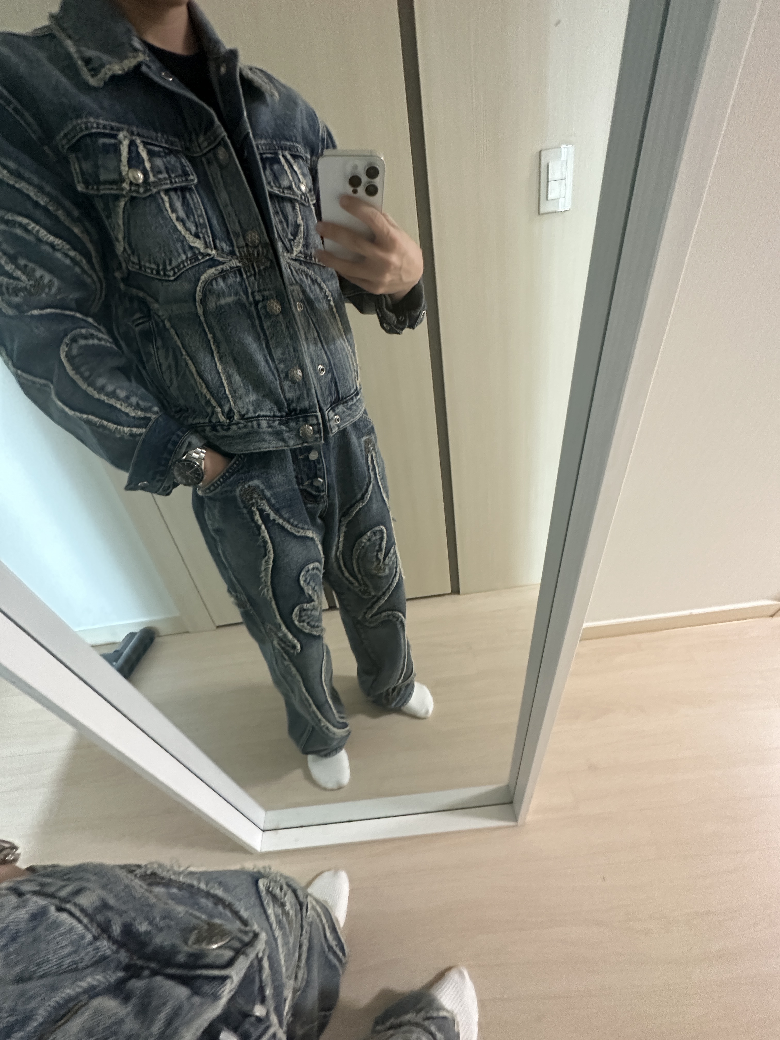Thug Club Tribal Jacket Denim, Thug Club Denim Tribal Pants Denim 착용 스타일