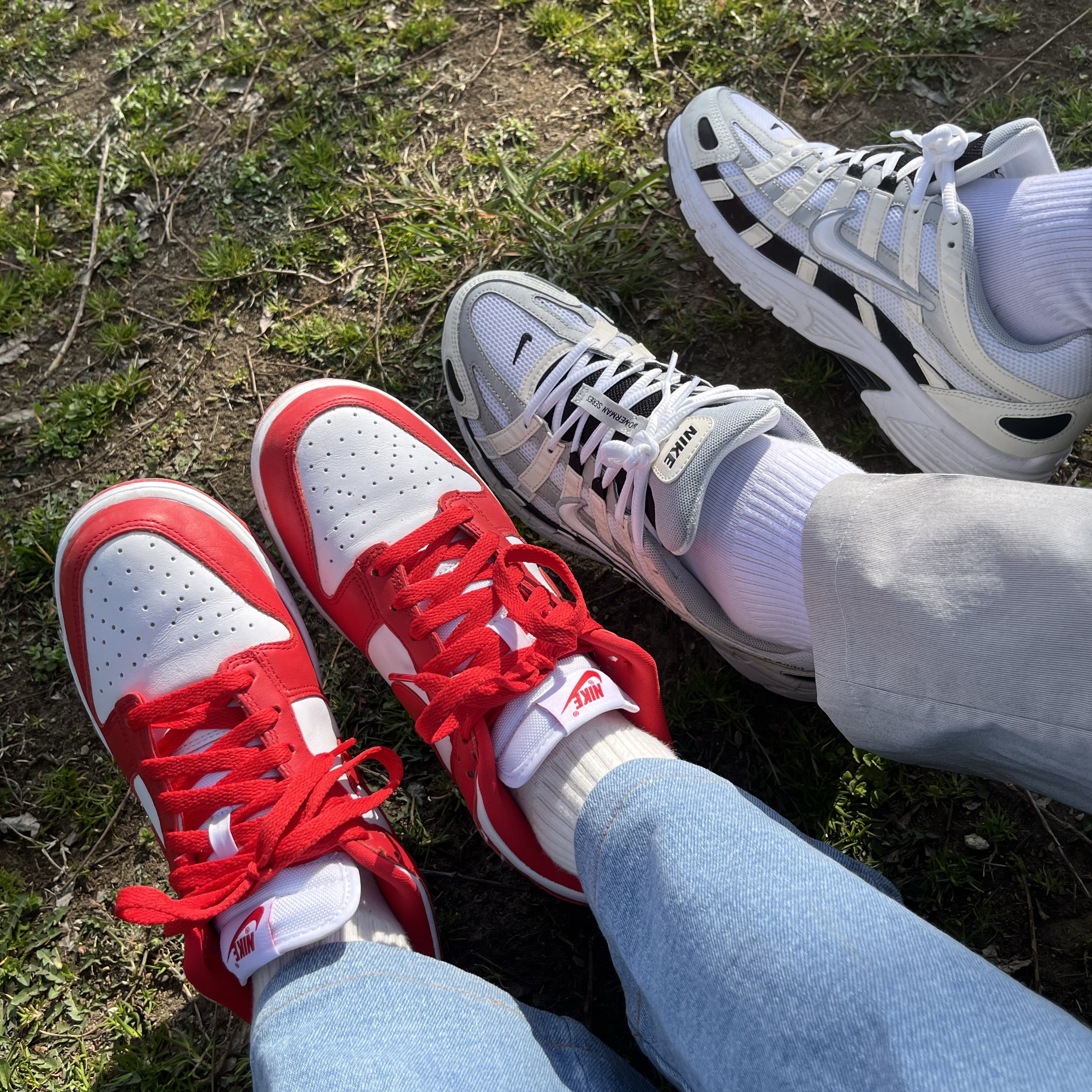 Nike P-6000 Sail Wolf Grey, Nike Dunk Low SP White and University Red 2023 착용 스타일