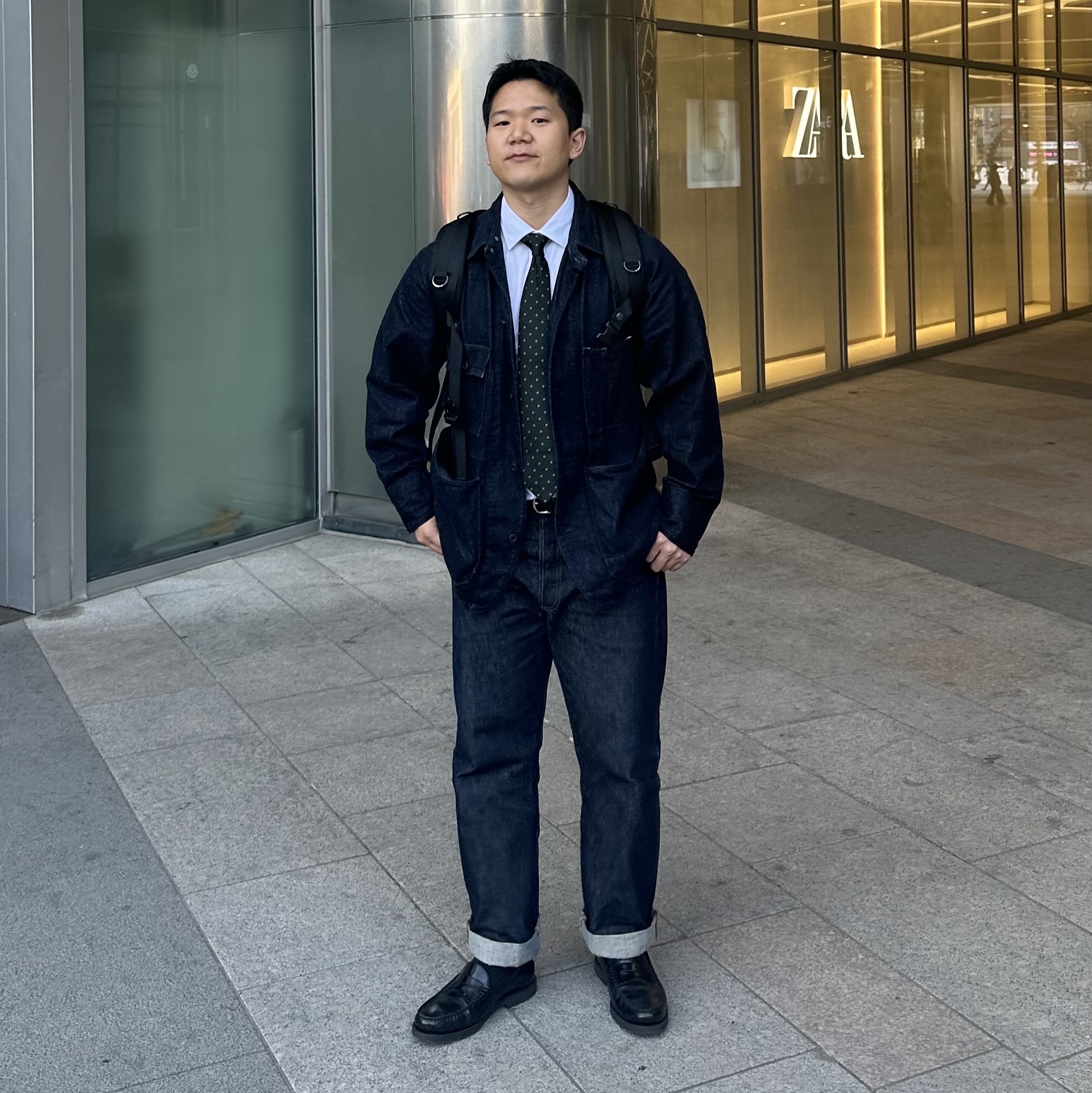 Kapital 12 oz. Denim Cactus Coverall (Black Thread Ver) Indigo, Levi's 501 Original Fit Jean Dark Wash 착용 스타일 - 1
